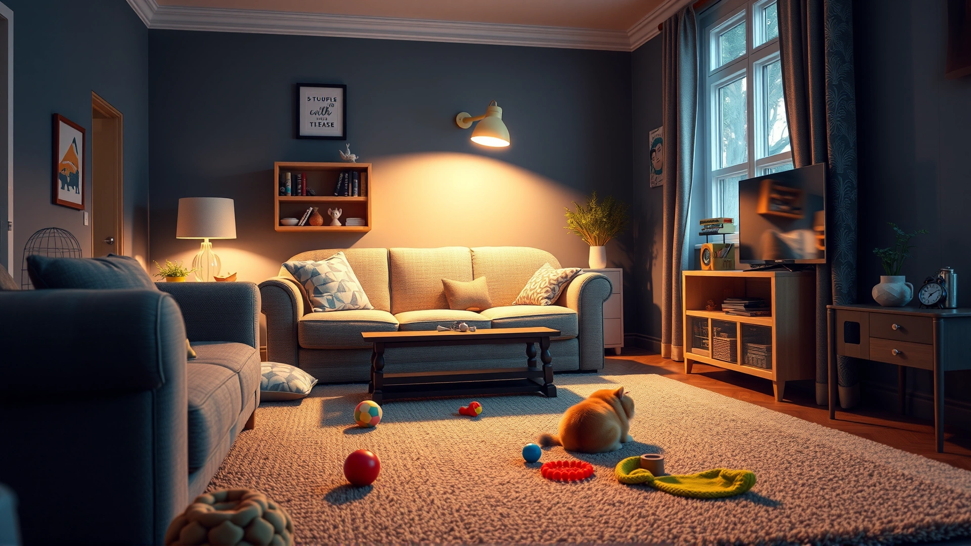 Comfortable living room adapted for a visually impaired cat, featuring floor-level toys, padded furniture corners, and soft lighting.