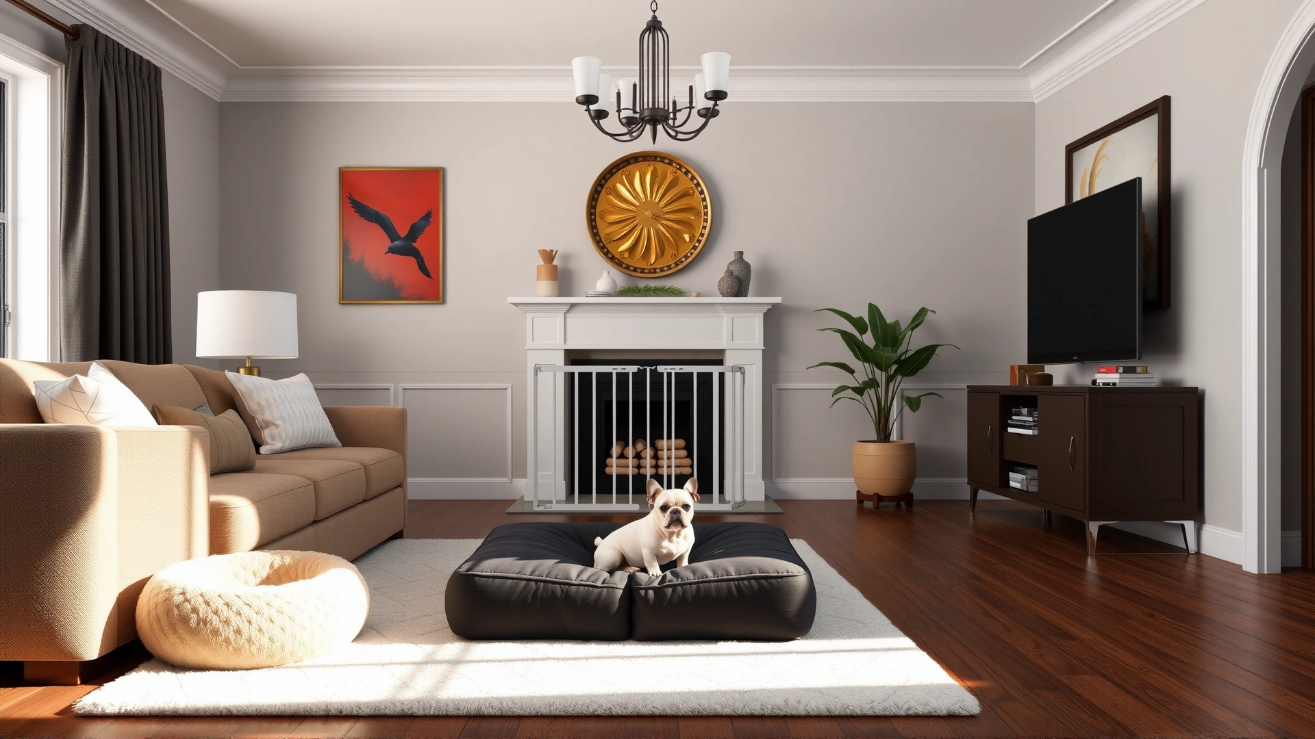Stylish living room with low furniture, plush pet bed, and safety gates specifically arranged for a tiny dog.