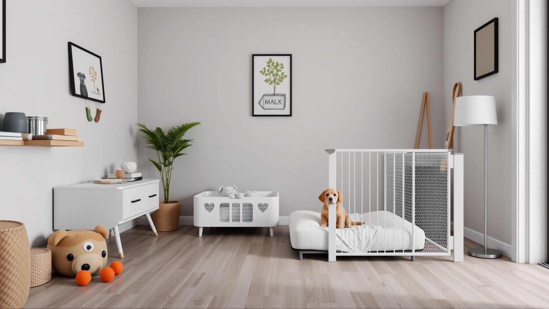 Organized living room corner prepared for a puppy, featuring a small bed, toys, and baby safety gates