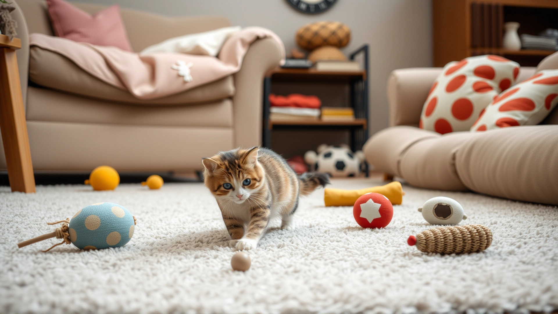 Indoor living space with cat playing on a carpet among soft toys and padded furniture, highlighting a safe environment for cats with bleeding disorders.