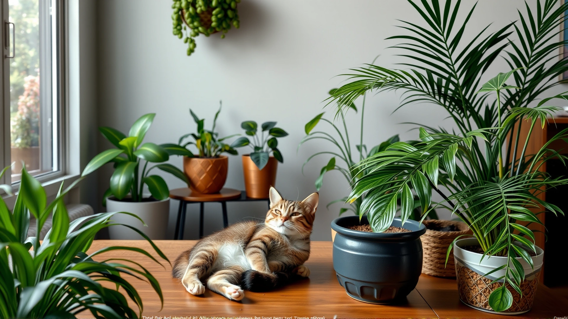 Cozy living room featuring a relaxed cat surrounded by non-toxic houseplants such as spider plant and parlor palm