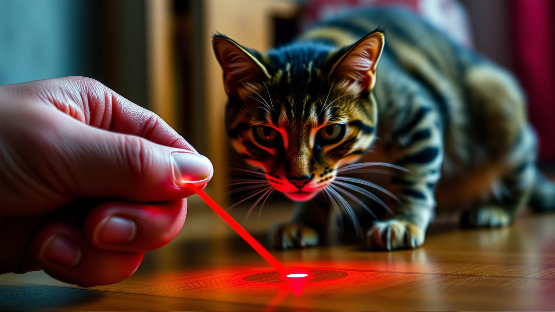 Close-up of a hand holding a small red laser pointer with the red dot projected safely on the ground a few feet away from a curious cat, cozy indoor lighting