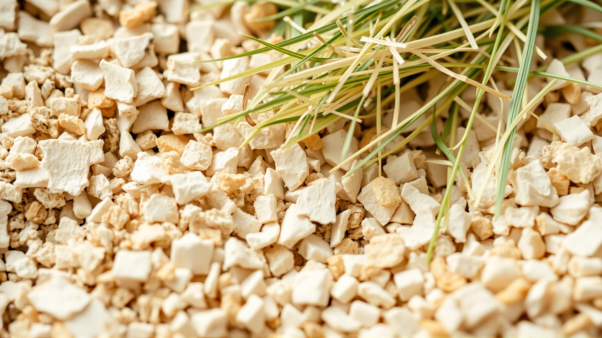 Macro shot of paper-based rabbit-safe litter and timothy hay mixed together.