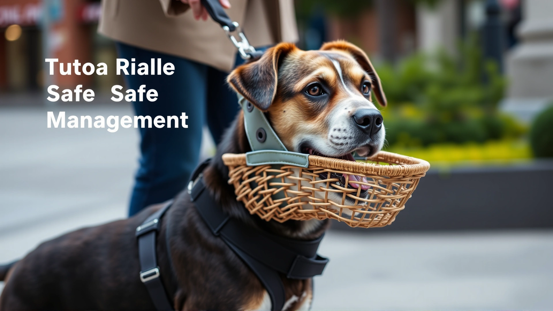 Dog wearing a comfortable basket muzzle while walking on a city sidewalk beside its owner, illustrating safe management.