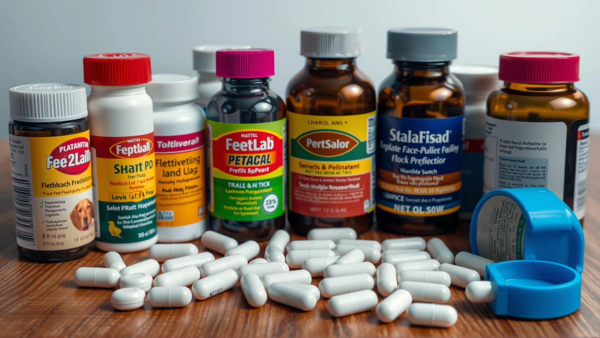Close-up of assorted dog medications, flea and tick preventatives, and pill bottles neatly arranged on a wooden table, no labels or text visible