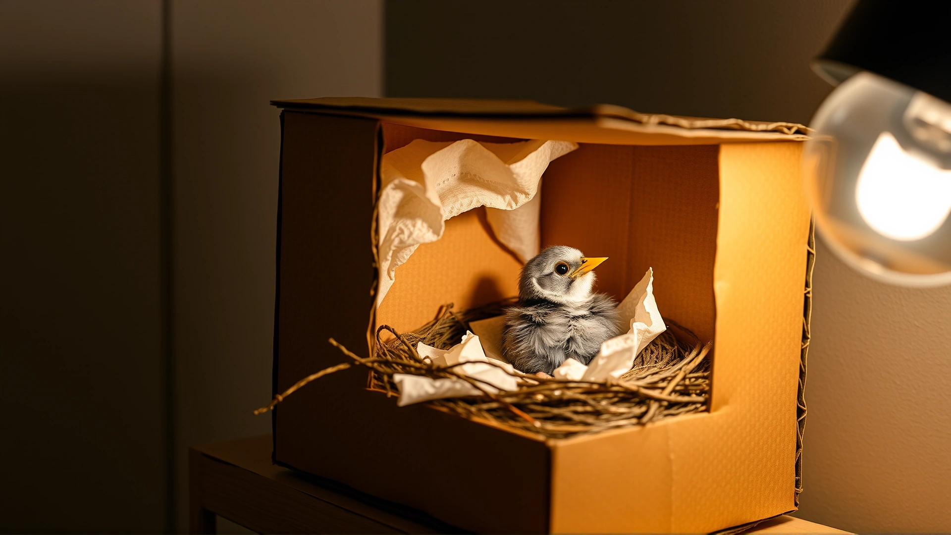 DIY cardboard nest box lined with soft tissues and a heat pack, with a baby bird inside, indoor lighting