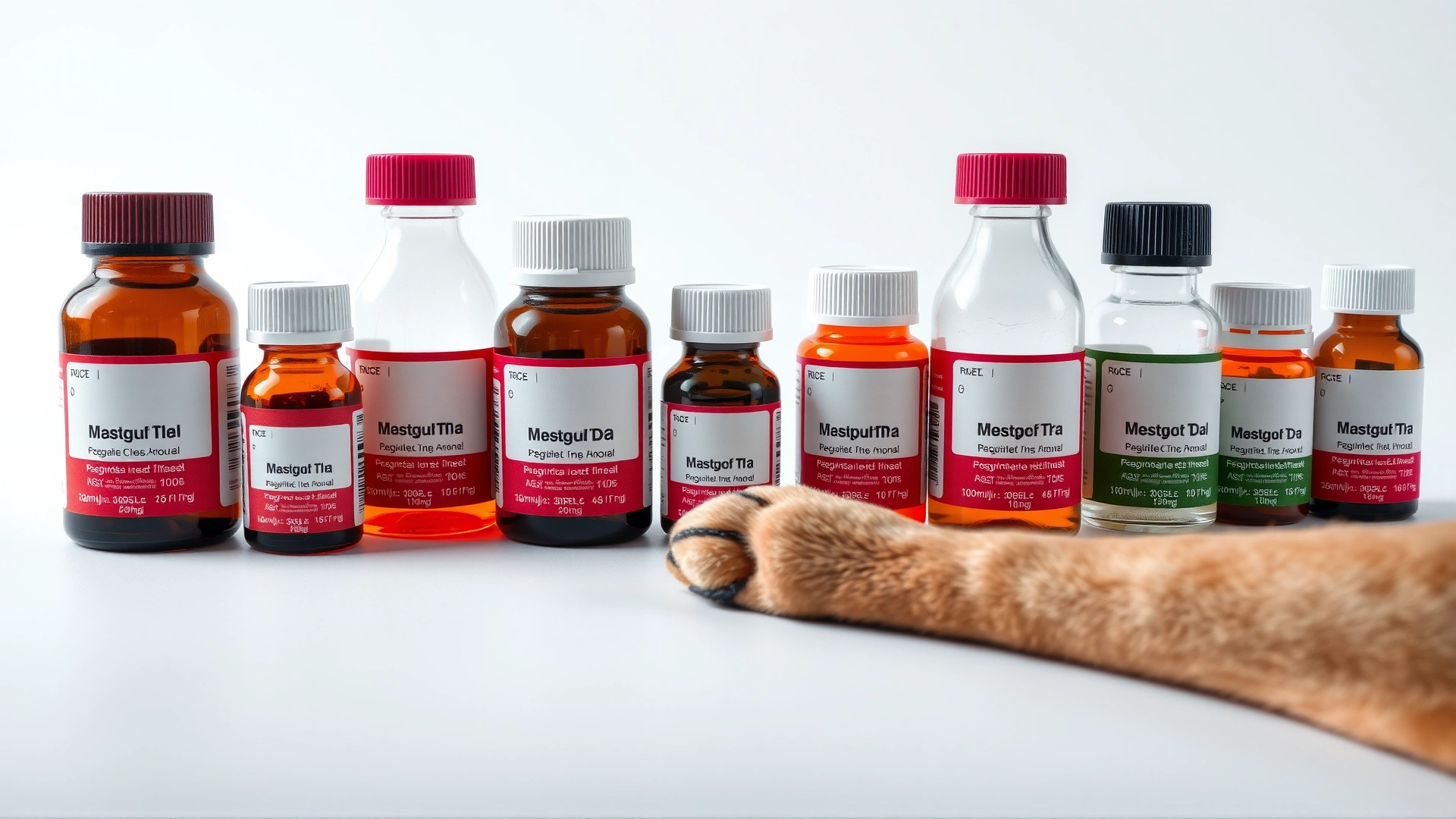 Collection of veterinary-labeled dog-safe medication bottles (blank labels) arranged neatly next to a dog paw, studio shot, white background.