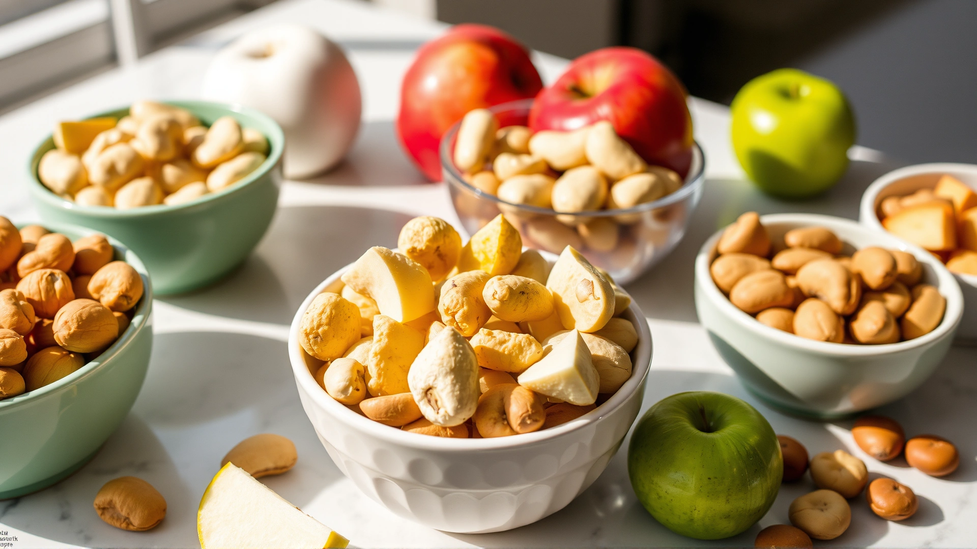Bowls containing peanuts, cashews, hazelnuts, and small pieces of apple neatly arranged on a table, bright natural lighting, no text on image