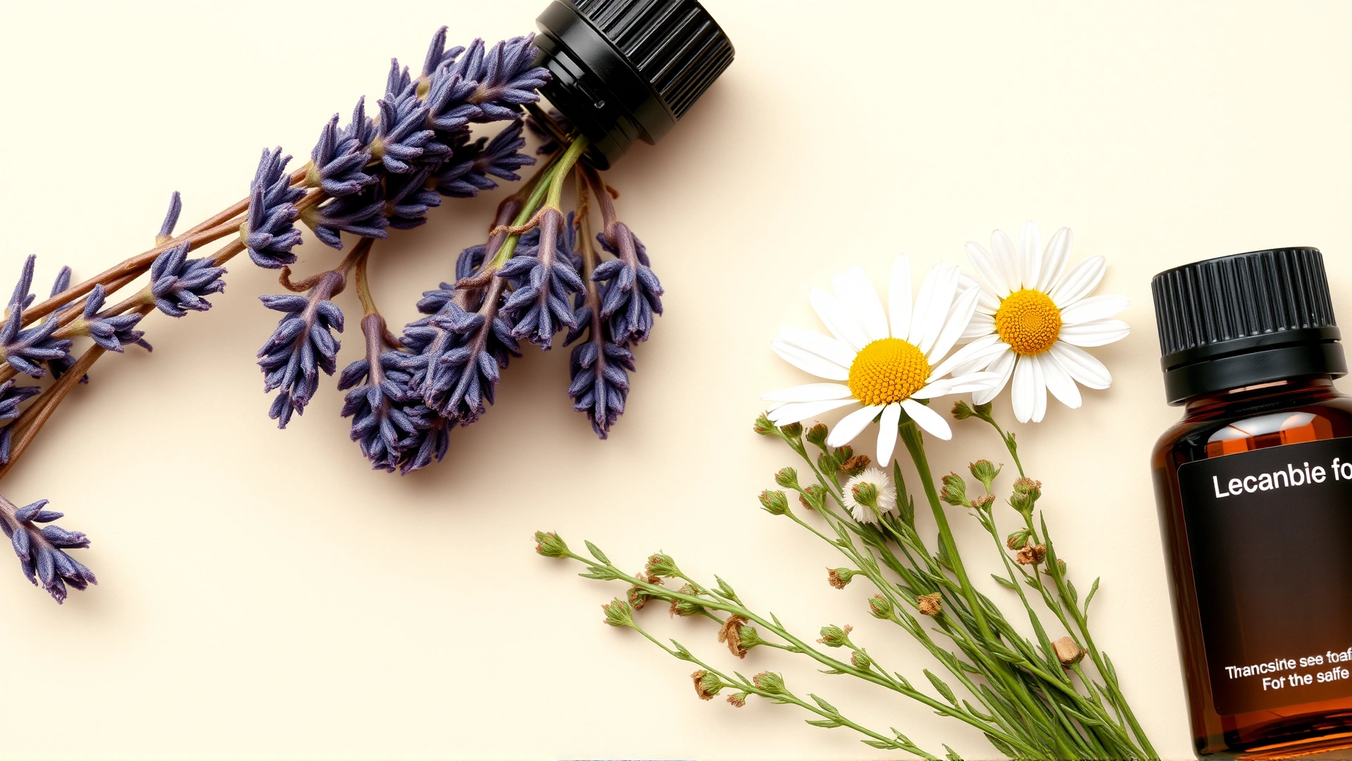Flat lay of lavender, chamomile, and frankincense essential oils with fresh plant sprigs beside them, soft pastel background indicating calming safe options.