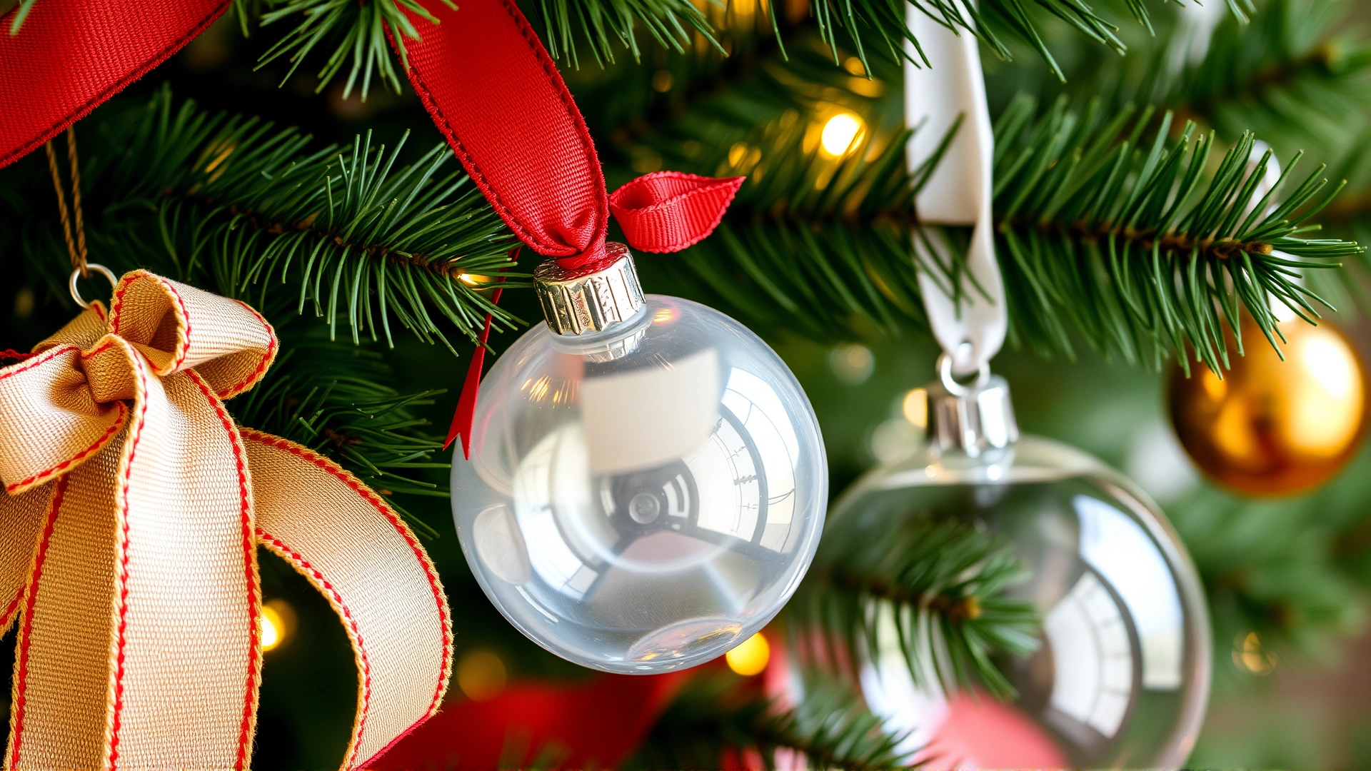 Macro shot of shatterproof plastic ornaments and wide fabric ribbons hanging safely on a Christmas tree.