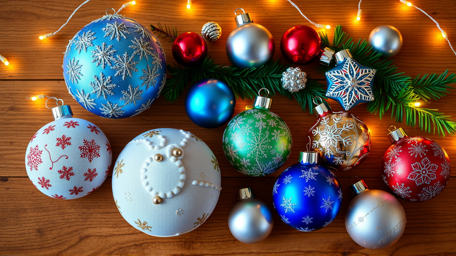 Flat lay of pet-safe, shatterproof Christmas ornaments made of fabric and plastic on a wooden table, bright holiday lighting.