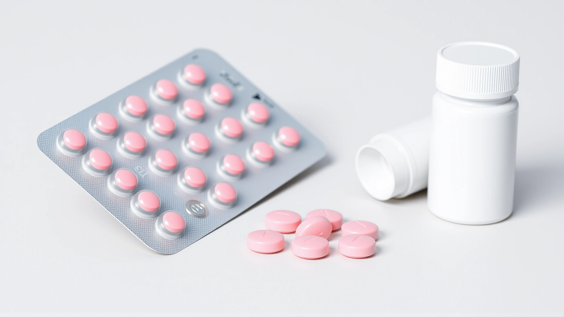 Generic blister pack of pink tablets and an unlabeled white pill bottle on a neutral background, emphasizing plain formulation without extra additives