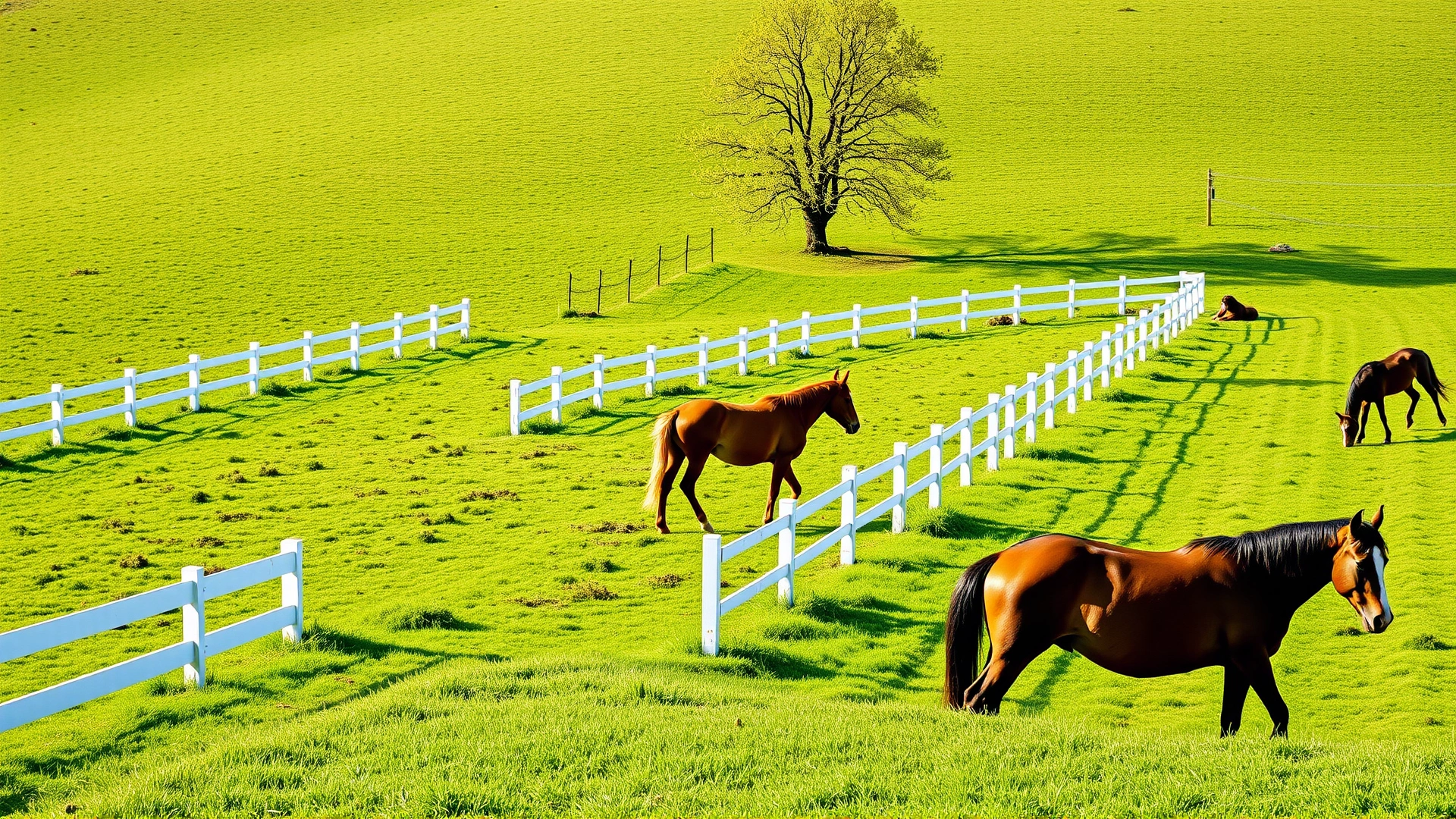Wide landscape of a well-maintained horse pasture free of toxic plants, with white fencing and healthy horses grazing safely, bright daylight, no text