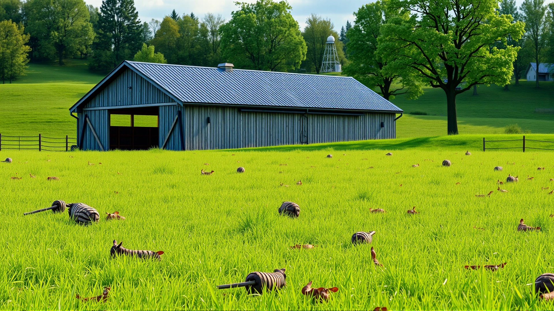 Lush green pasture free of debris with a new modern barn in the background representing a safe environment