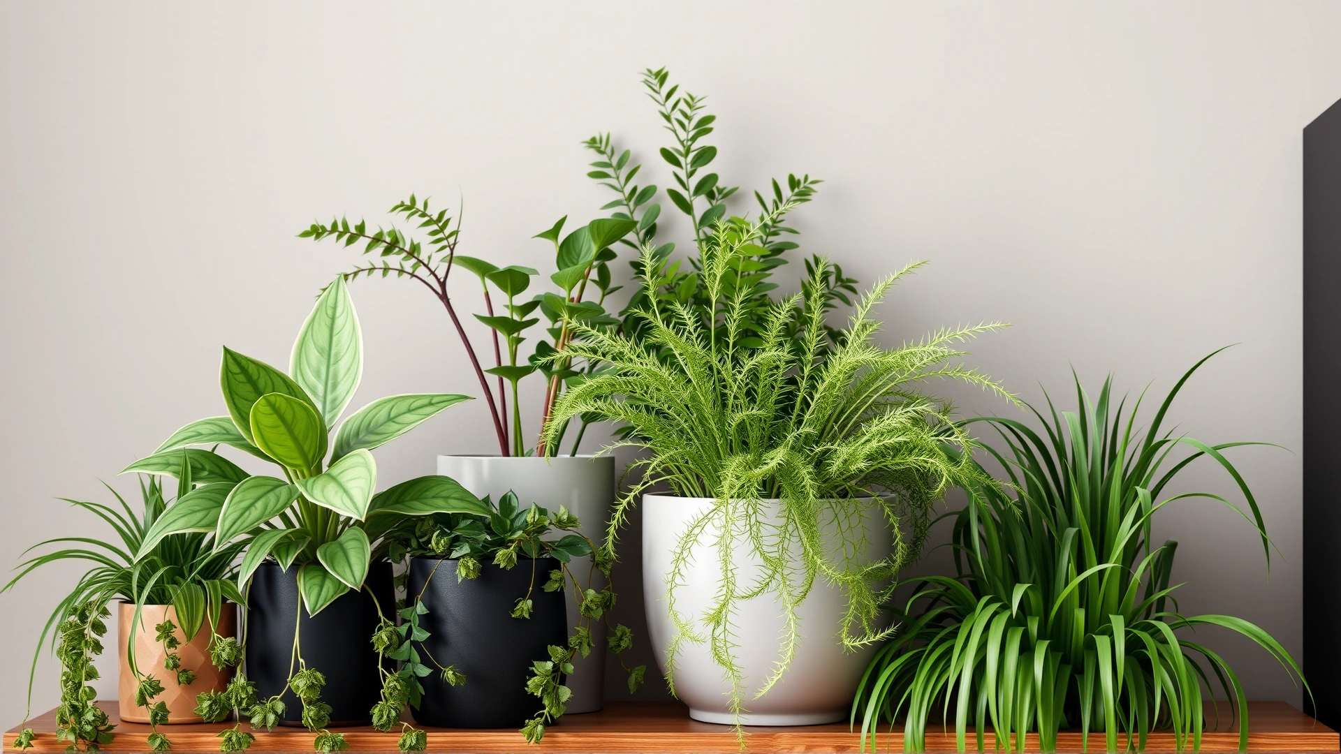 A collection of cat-safe indoor plants like spider plant, Boston fern, and cat grass arranged on a shelf out of reach.