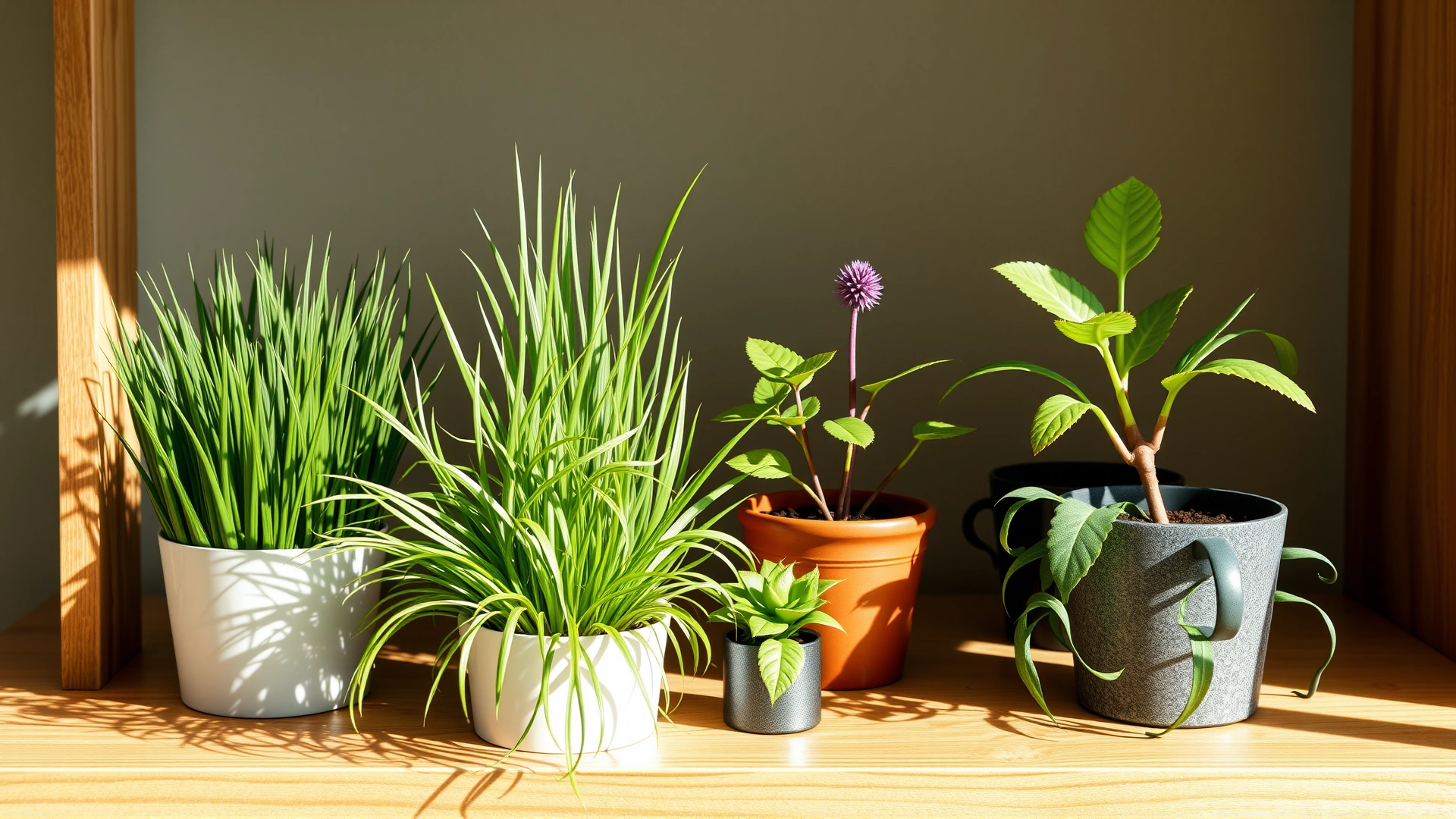 Collection of cat-safe plants like cat grass, spider plant, and catnip displayed in small pots on a wooden shelf with natural lighting.