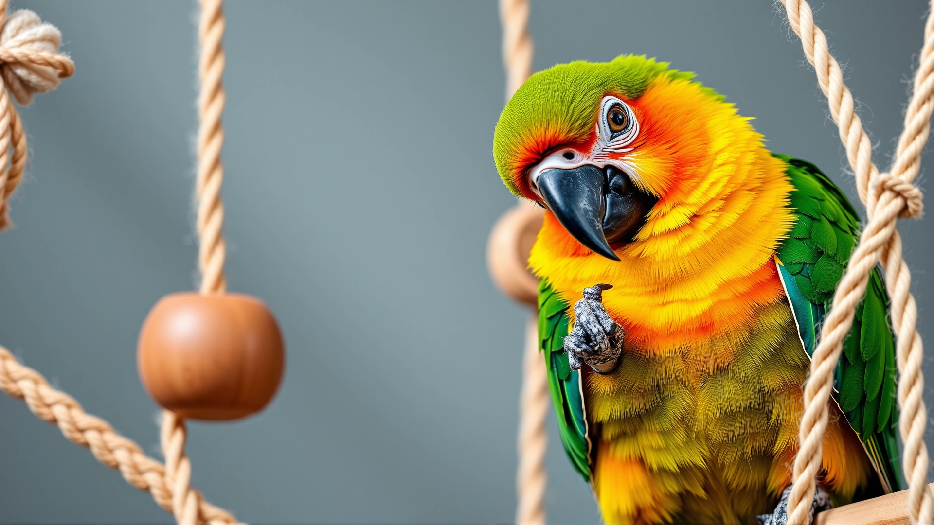 Colorful conure playing on a wooden play gym with chew toys made of natural wood and cotton ropes.