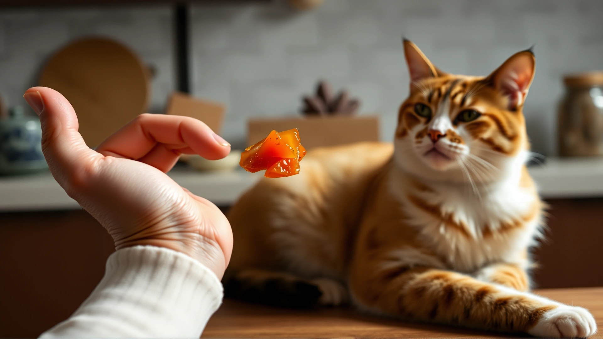 Human hand offering a small diced piece of ripe tomato to a relaxed cat in a kitchen, showing proper serving size