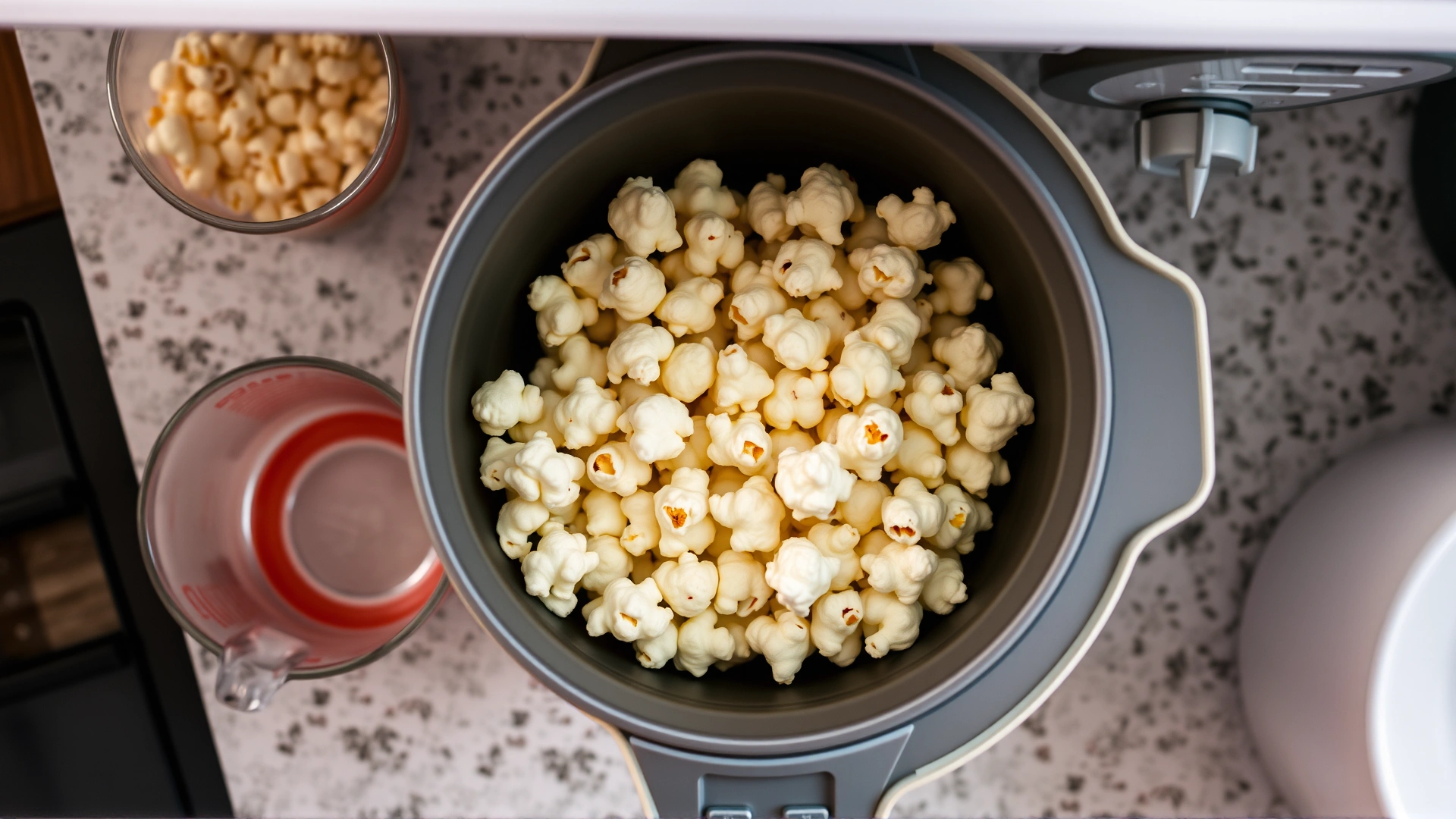Overhead shot of freshly air-popped popcorn in a silicone microwave popper next to a measuring cup, on a kitchen countertop
