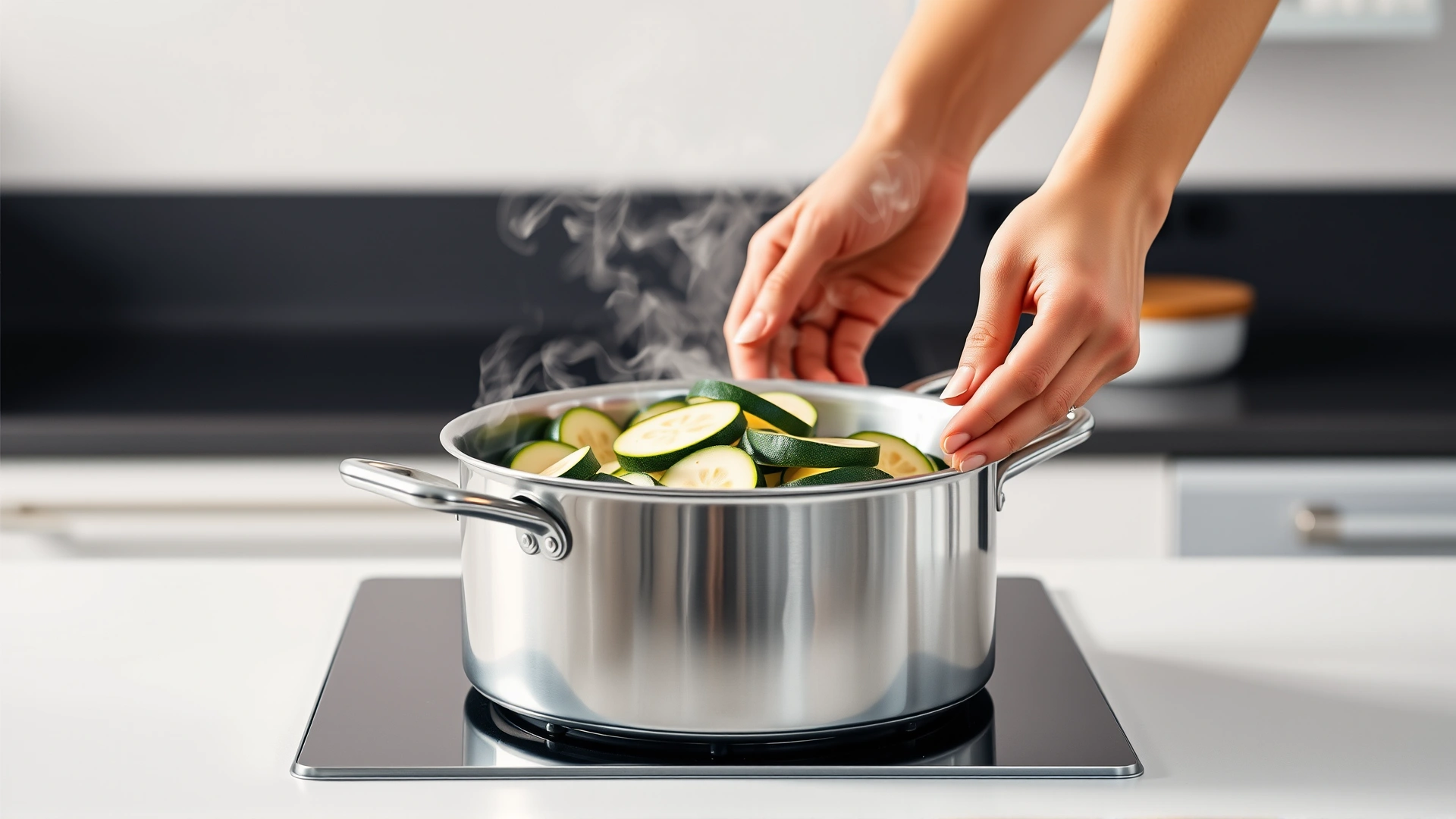 Human hands steaming zucchini slices in a stainless steel pot on a minimalist stovetop, light steam rising, modern kitchen background