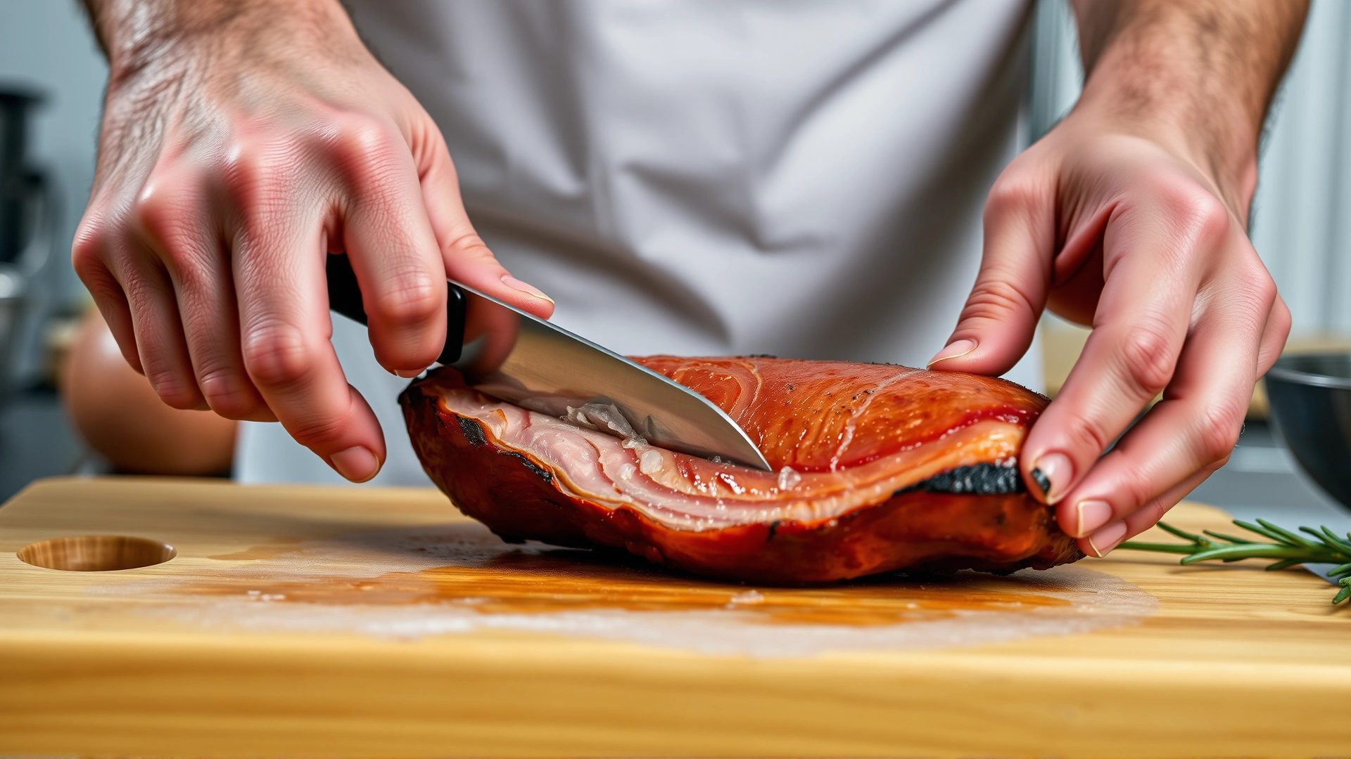 Hands trimming visible fat from a slice of ham on a cutting board in a kitchen, no text