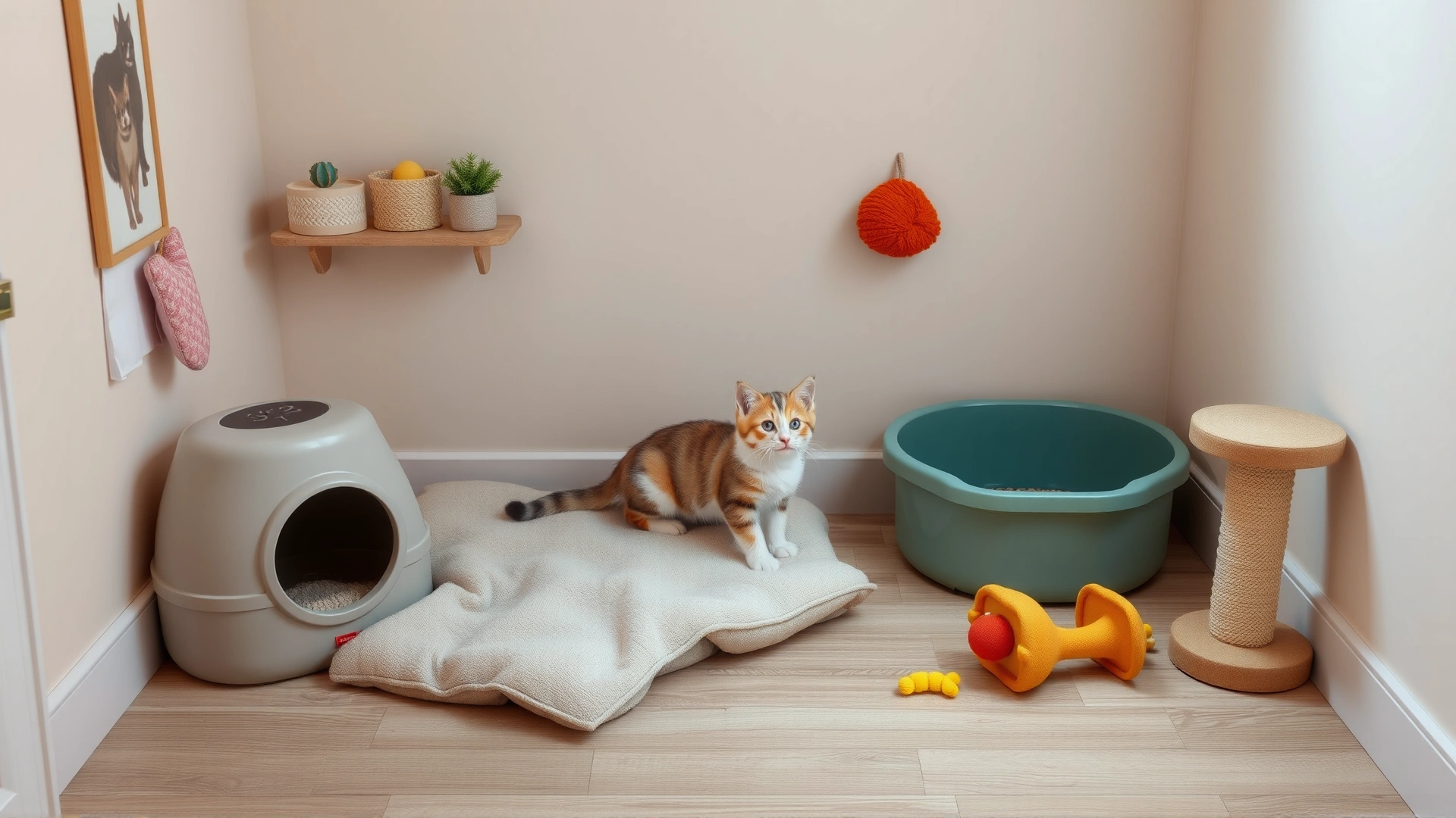 A small, cozy room prepared for a kitten with a soft bed, litter box, scratching post, and colorful toys neatly arranged
