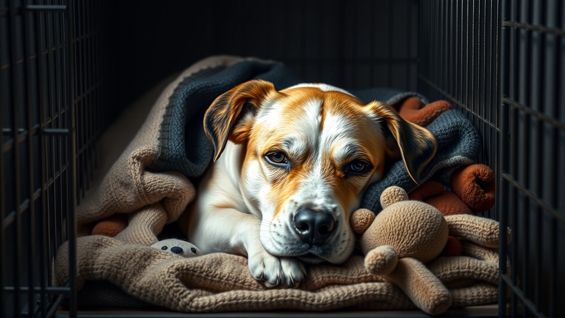 Dog lying calmly inside a cozy crate draped with blankets and a few plush toys around, soft dim lighting suggesting a quiet safe zone.
