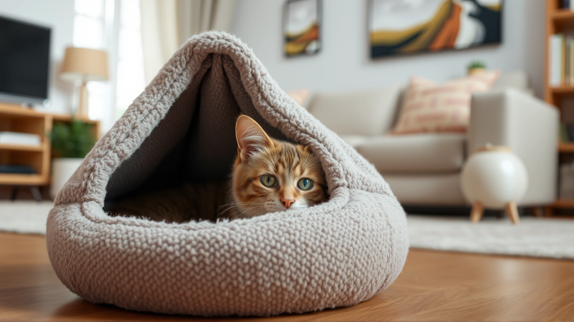 A shy cat peeking out from a comfy cat cave bed placed in a quiet corner of a living room