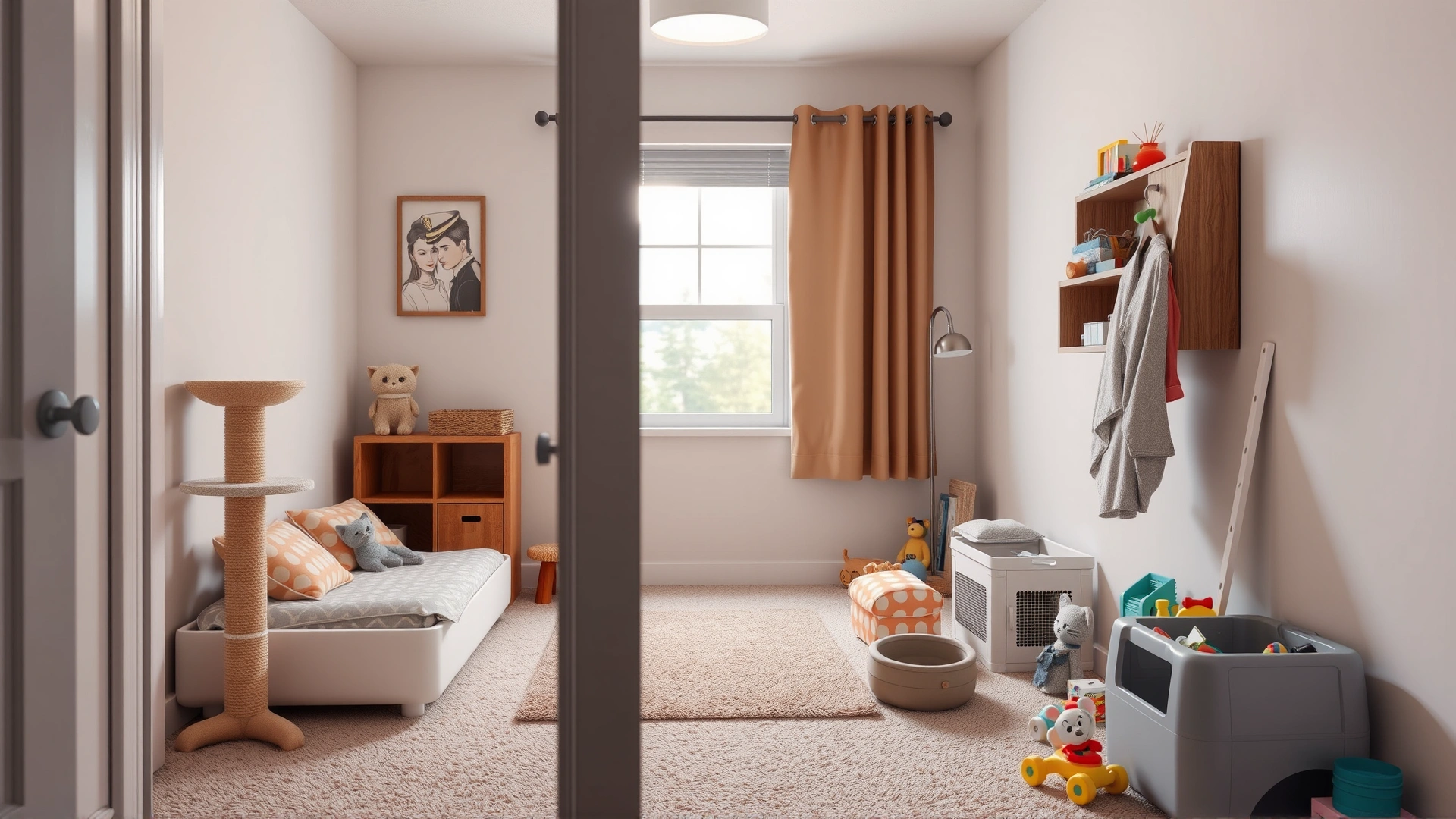 AI-generated image: A neatly arranged spare bedroom with a cat bed, scratching post, litter box, and toys, viewed from doorway, illustrating a kitten’s safe room setup