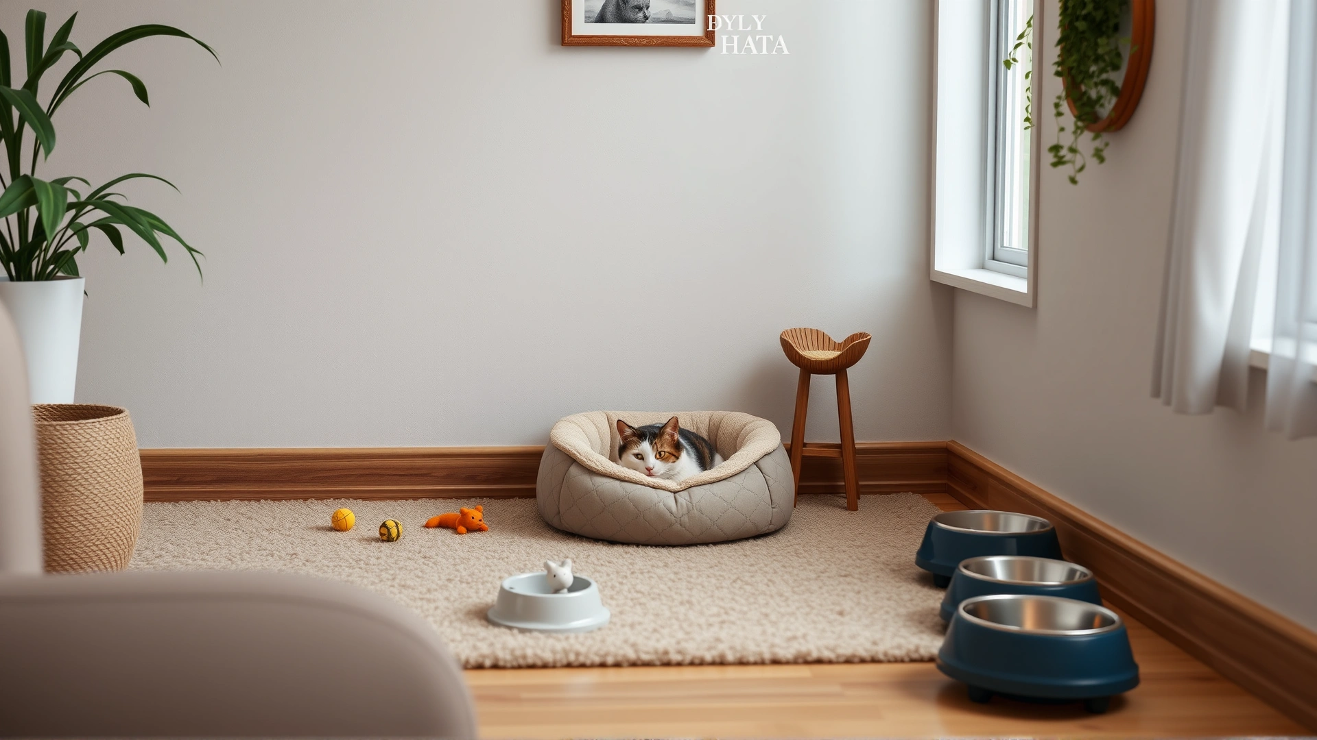 Quiet corner of a living room with a plush cat bed, toys, and neatly arranged food and water bowls, representing a prepared environment for a special-needs pet.