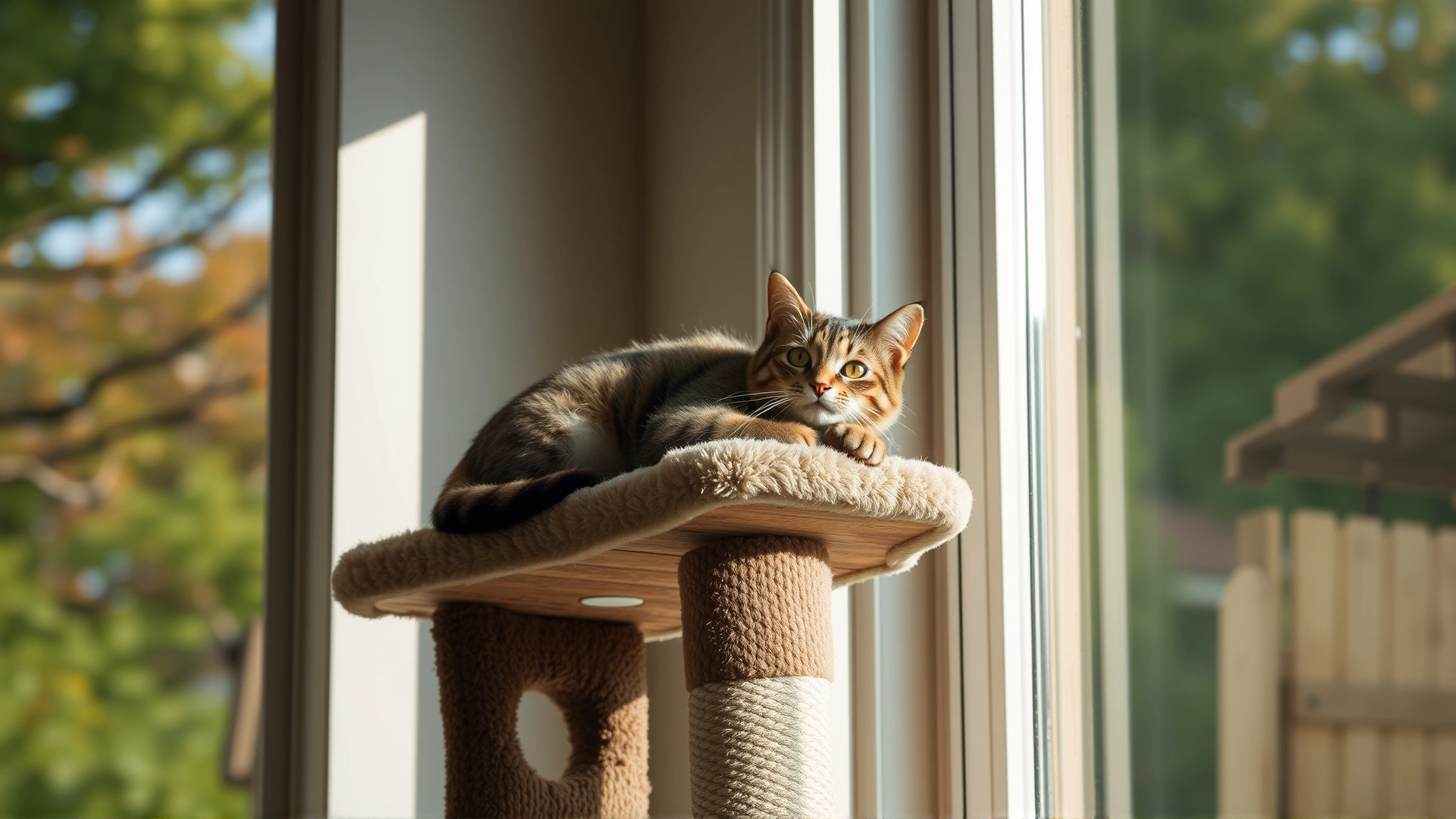 Cat resting confidently on the top perch of a tall cat tree positioned beside a sunny window.