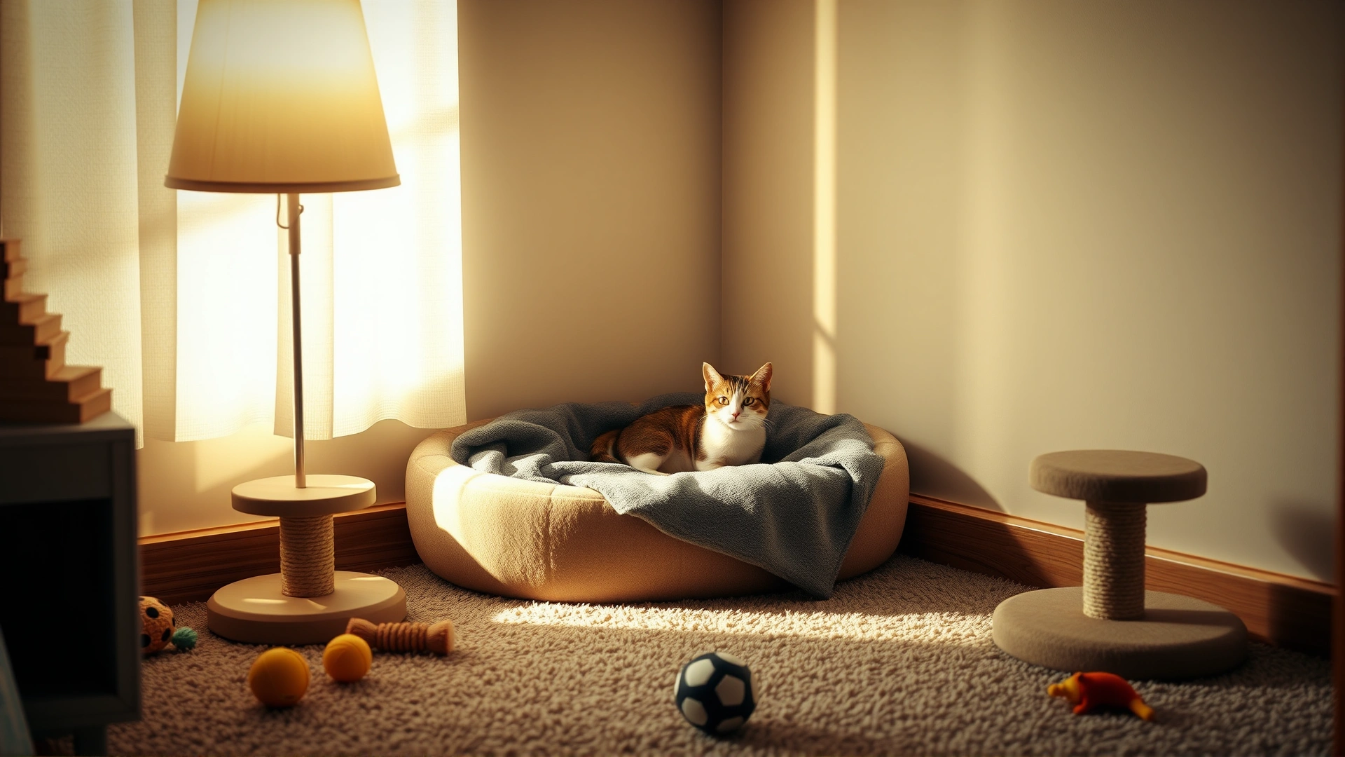 A cozy, softly lit corner of a home with a cat bed, fleece blanket, scratching post and scattered toys, with a shy cat peeking out from the bed.