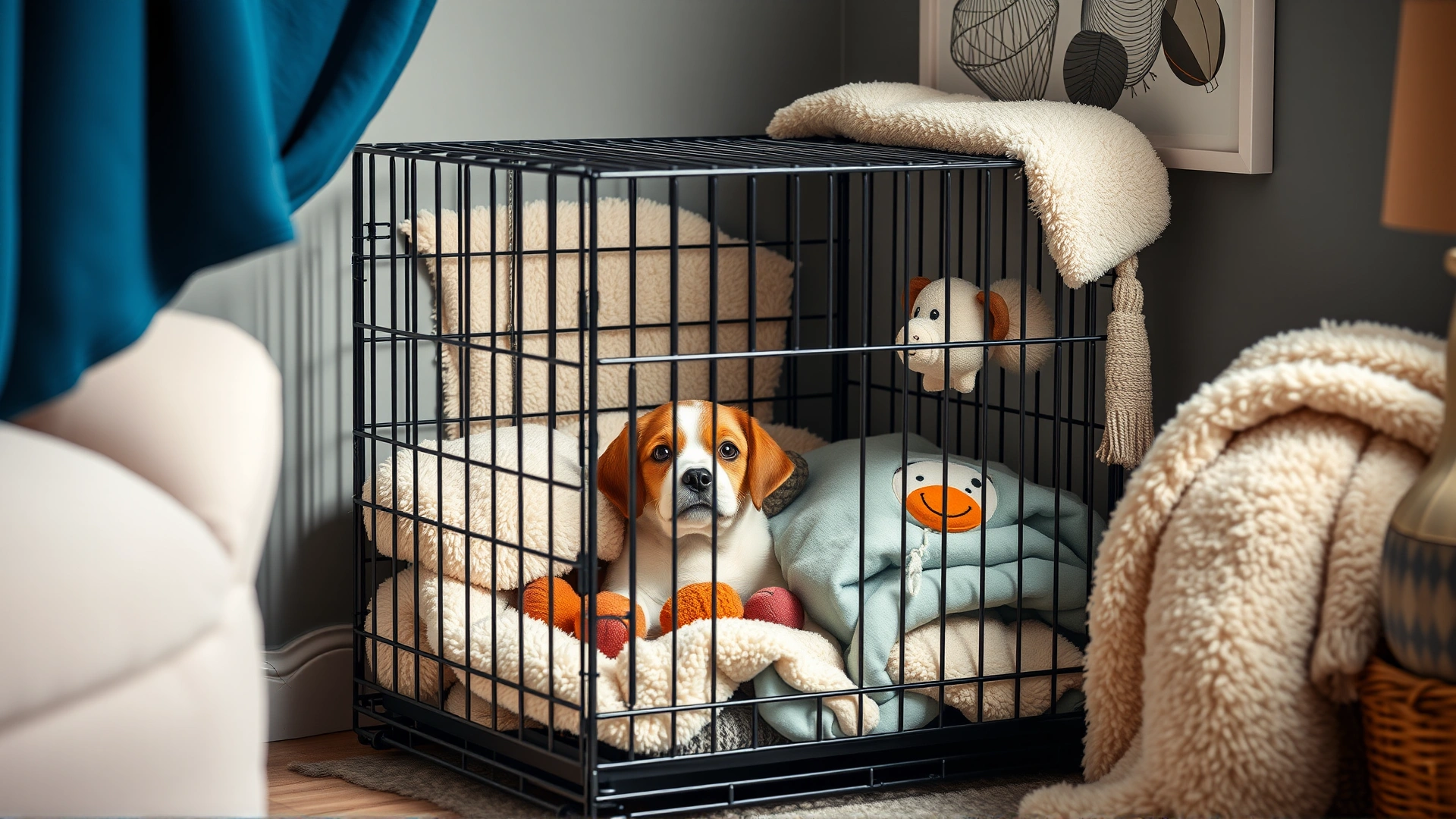 Cozy corner with a dog crate lined with soft blankets and toys, illustrating a safe space at home