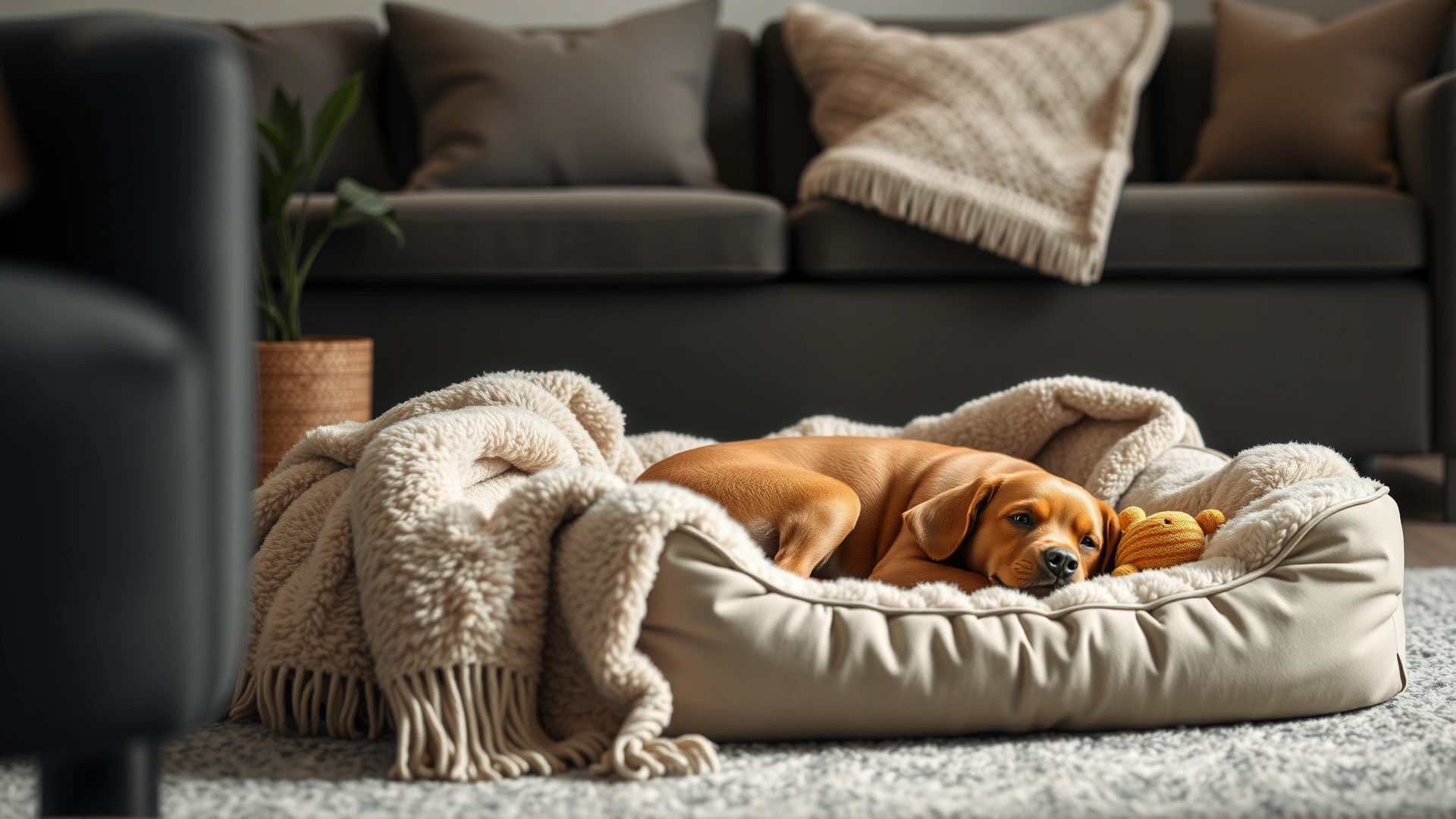 Cozy corner of a living room with a plush dog bed, soft blankets, and a favorite toy, showing a designated safe space indoors.