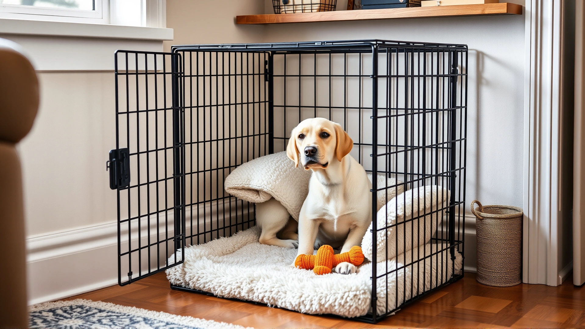 A cozy indoor dog crate equipped with soft bedding and a chew toy, placed in a tidy corner of a living room.