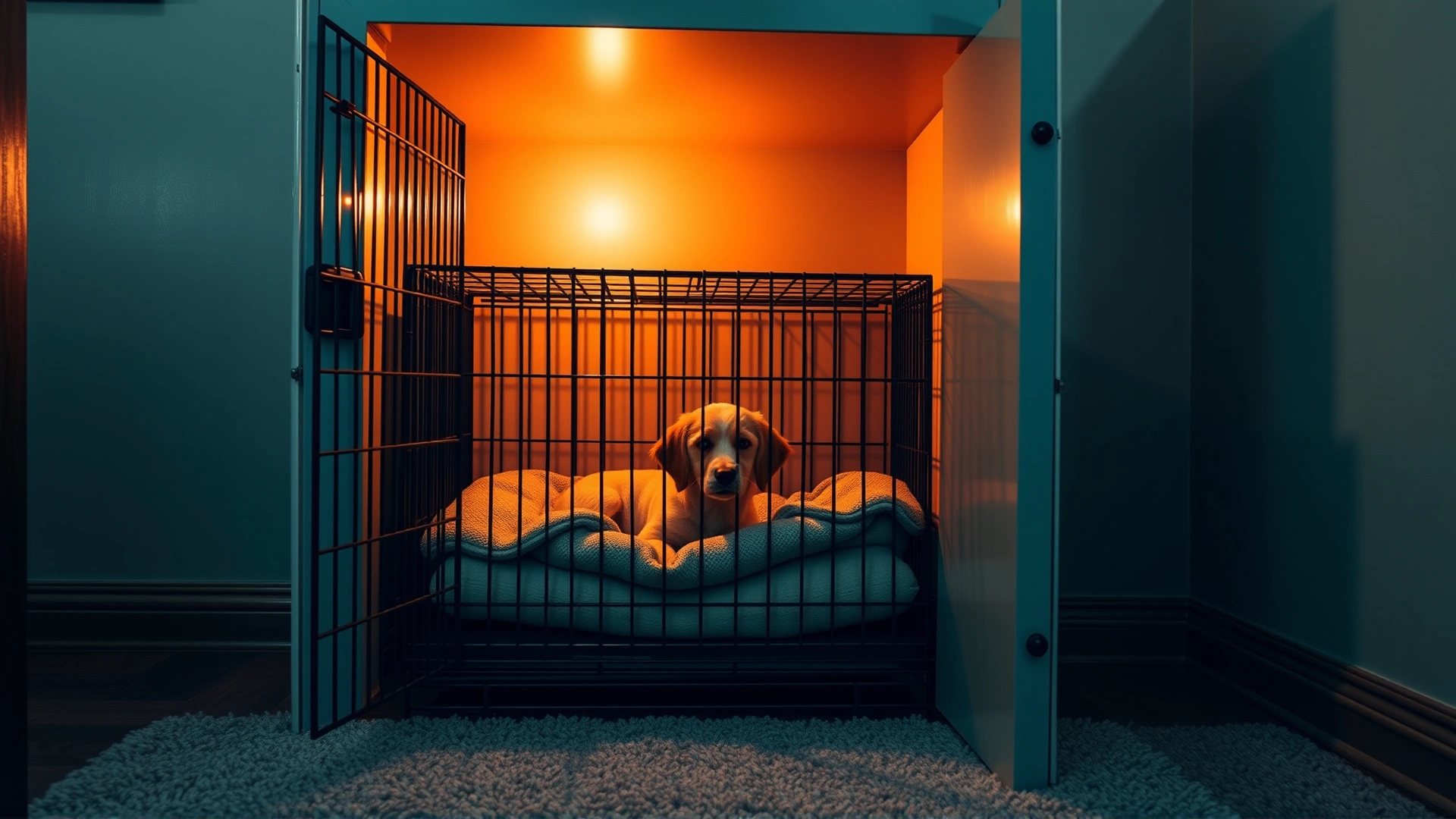 Cozy corner with an open dog crate containing a soft bed and blanket, dim warm lighting, conveys a safe retreat for the pet.