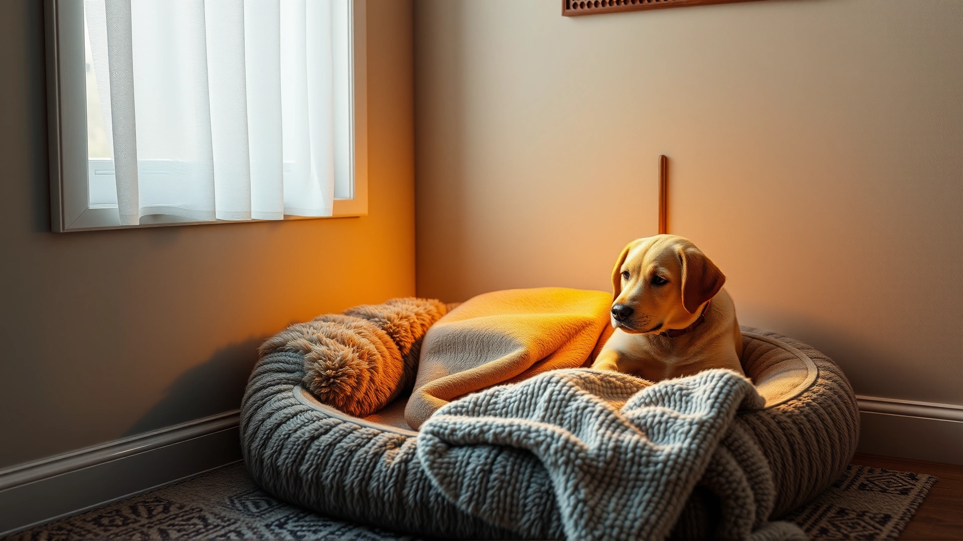 Cozy corner with a plush dog bed, soft blanket, and warm ambient lamp, representing a calm safe space for a dog.