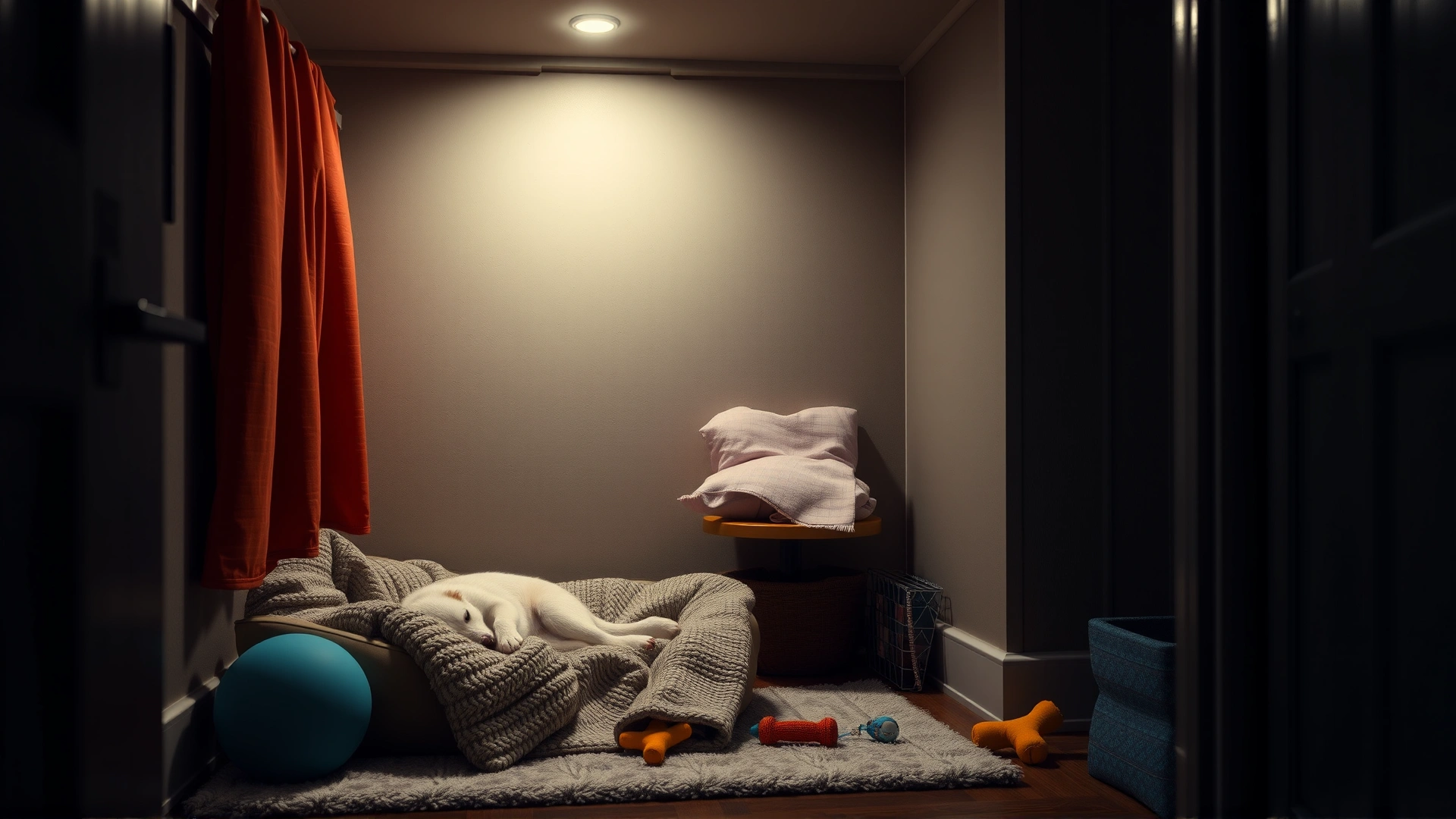Interior of a small room with a comfy pet bed, soft blanket, chew toys, and dim lighting, showcasing an ideal safe space for pets during storms.