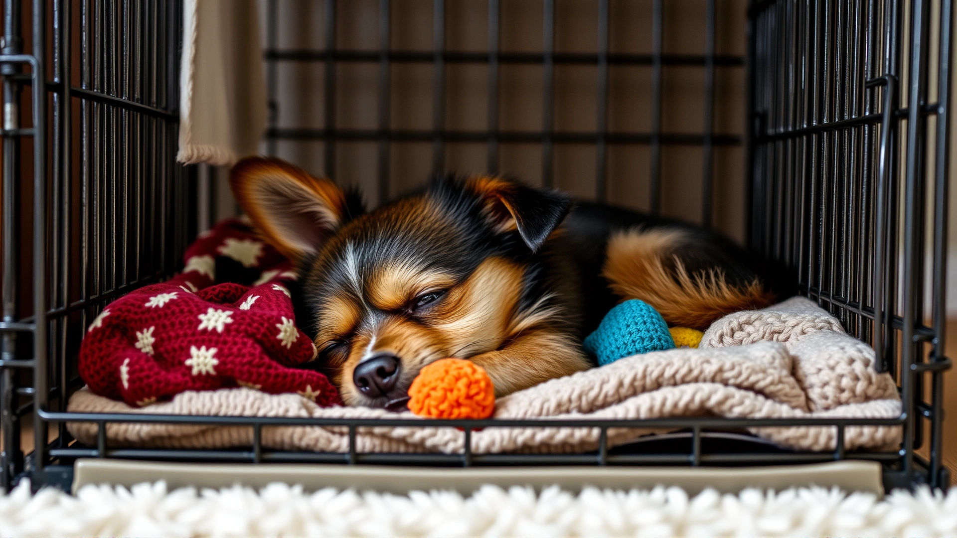 Small dog resting peacefully inside a comfy crate filled with blankets and toys