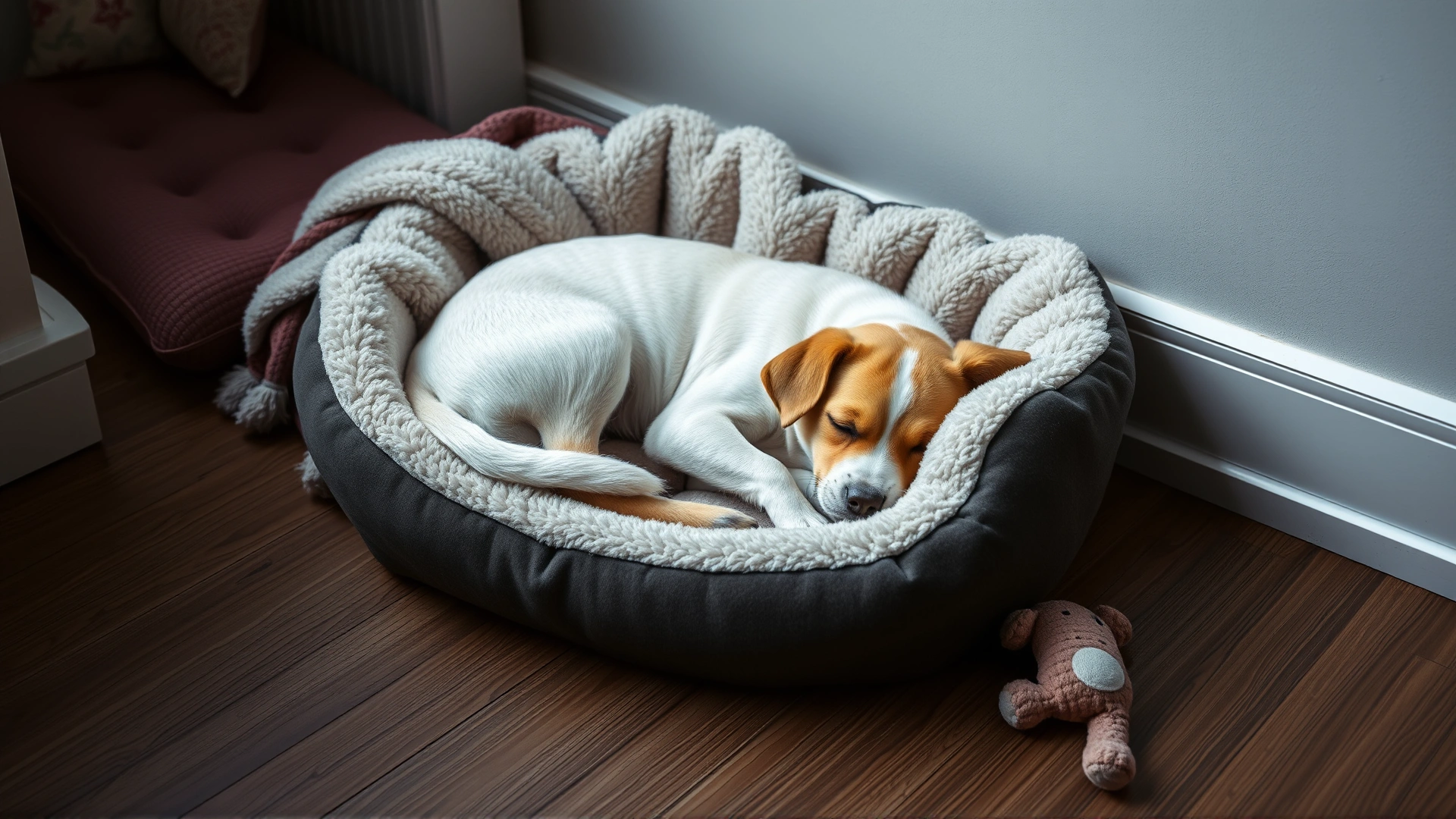 A small dog curled up in a plush dog bed within a quiet home corner, blankets and a soft toy nearby