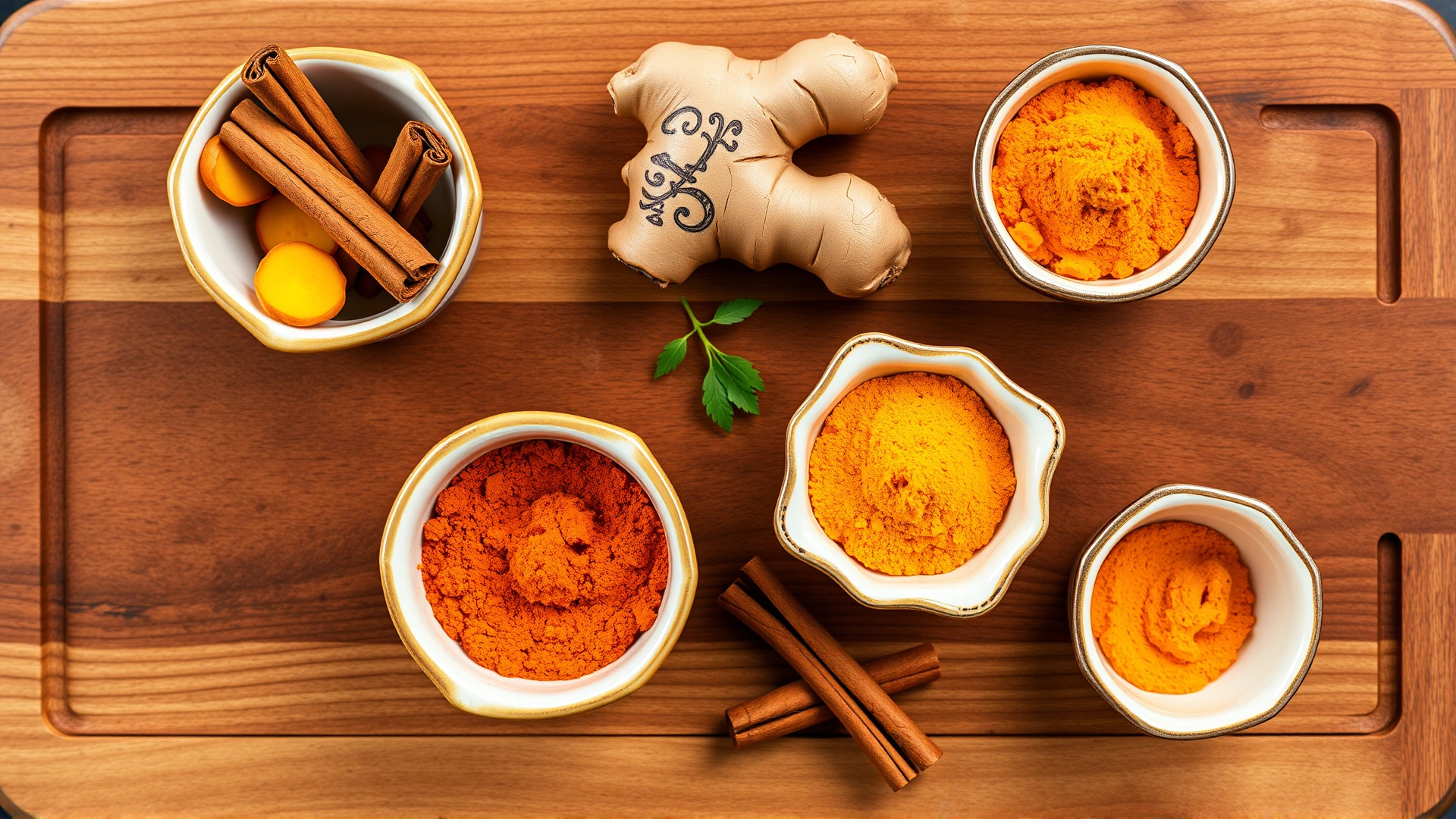 Top-down view of small ceramic bowls filled with cinnamon sticks, ginger slices, and turmeric powder on a wooden board, bright and colorful