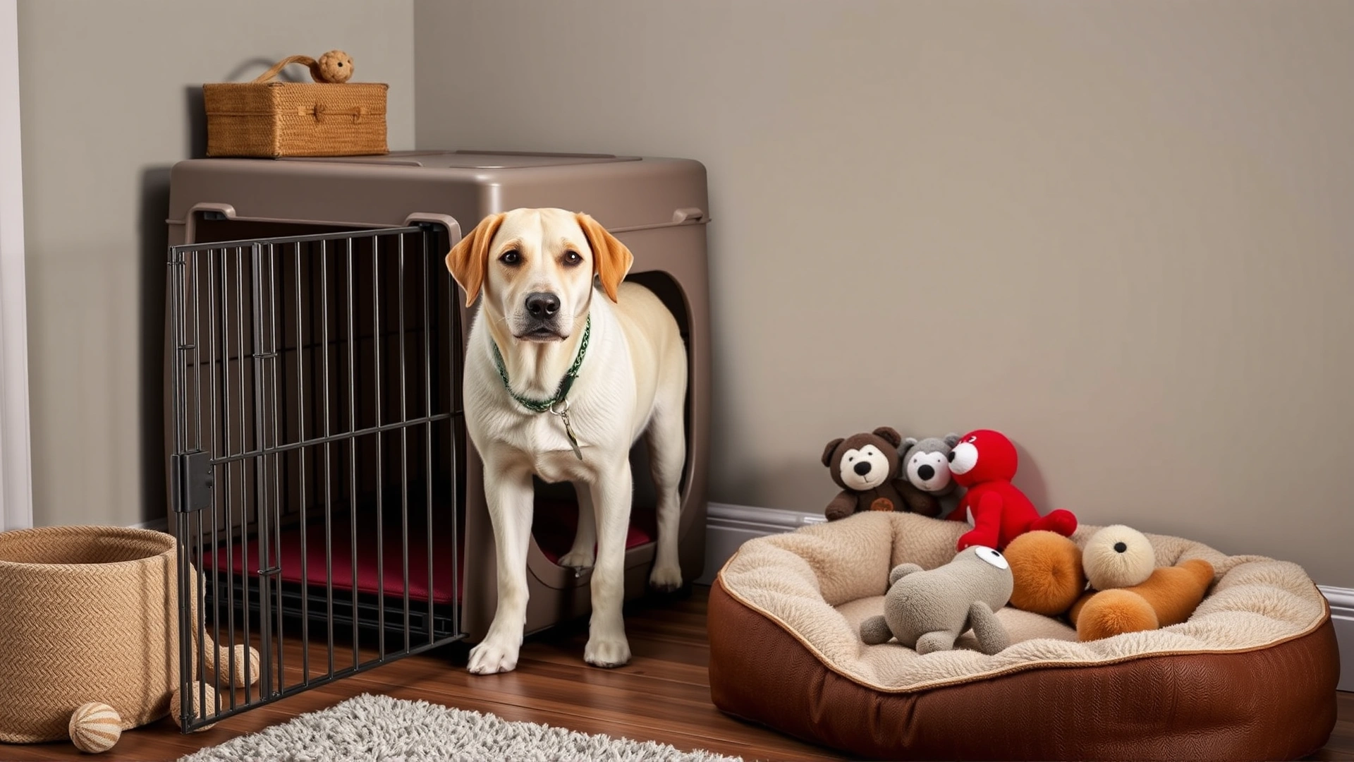 A comfortable corner setup with a cushioned dog bed, a crate door open, and plush toys neatly arranged, representing a safe space for the pet