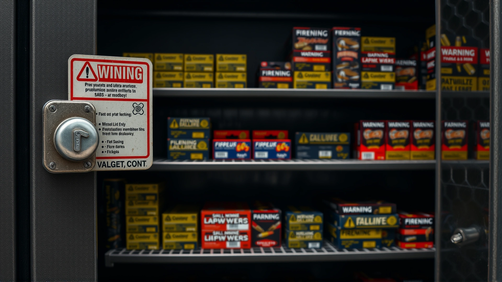 Close-up of a locked metal cabinet with warning sticker, shelves full of neatly packed ammunition and fireworks boxes, representing safe storage.