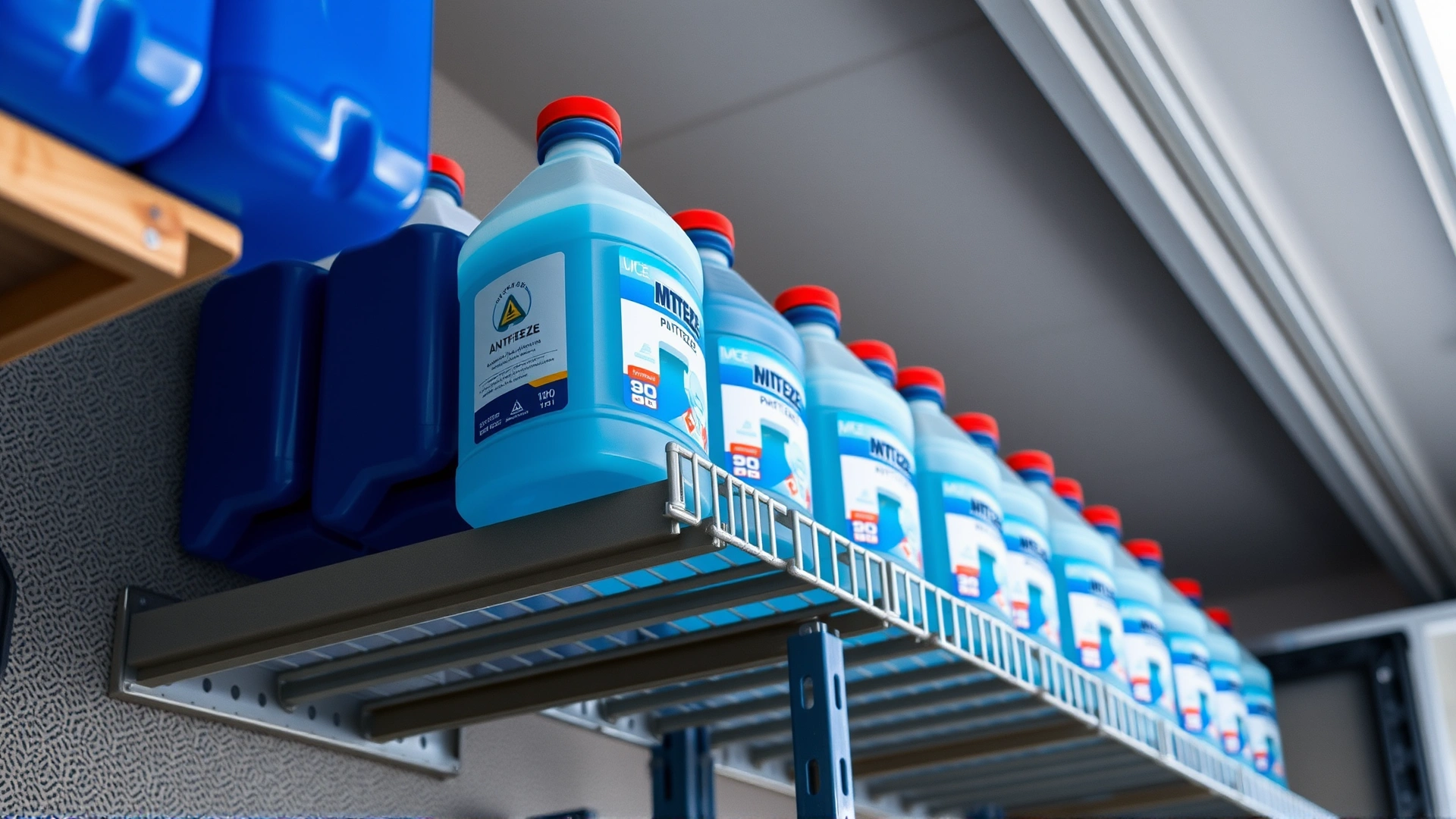 Shelving unit in a garage storing tightly closed bottles of antifreeze high above, safely out of reach of pets.