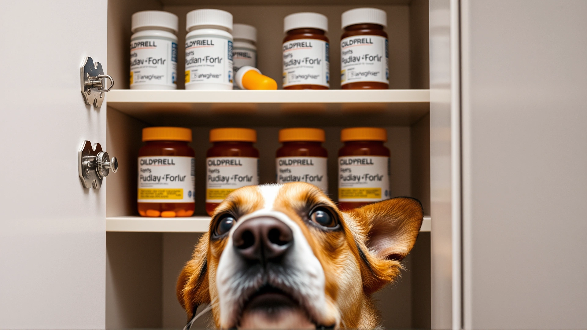 Close-up of a medicine cabinet with childproof pill bottles placed on the top shelf while a curious dog looks up from below, clear focus on safe storage concept