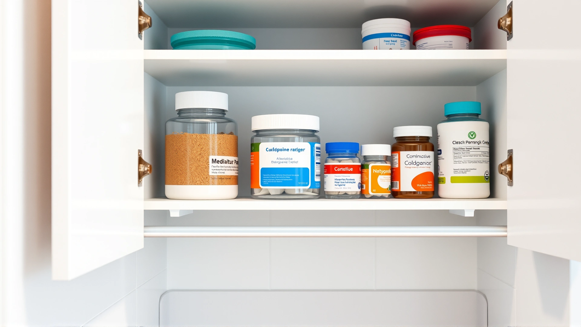Neatly organized medicine cabinet with childproof containers placed on a high shelf, bathroom setting, bright lighting