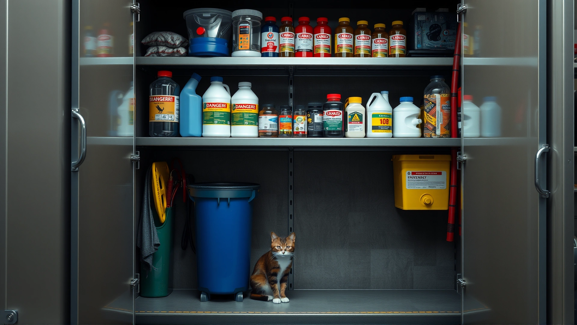 Organized garage cabinet with dangerous chemicals stored on high locked shelf, pet cat sitting safely on the floor below.