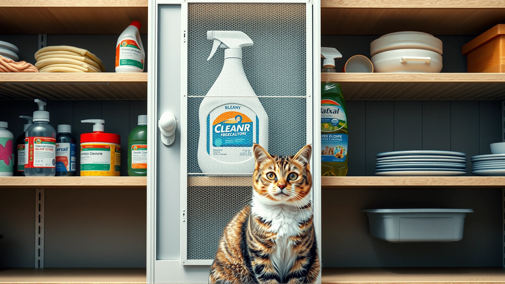Shelves with cleaning products, including bleach, secured behind a childproof cabinet door; a cat sits curiously in the foreground.