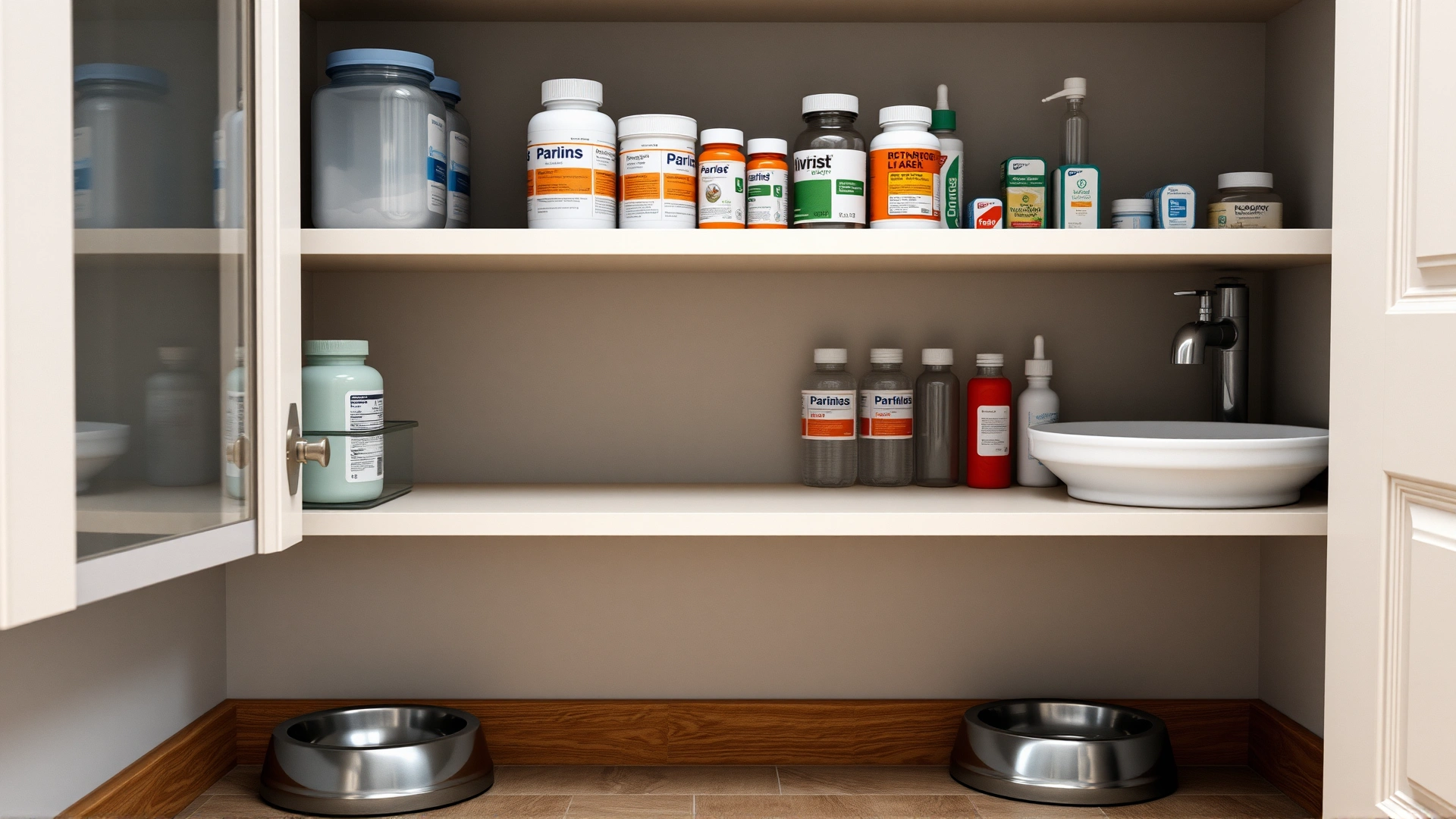Organized bathroom cabinet with medicines stored on high shelf in childproof containers, pet bowls visible on floor below