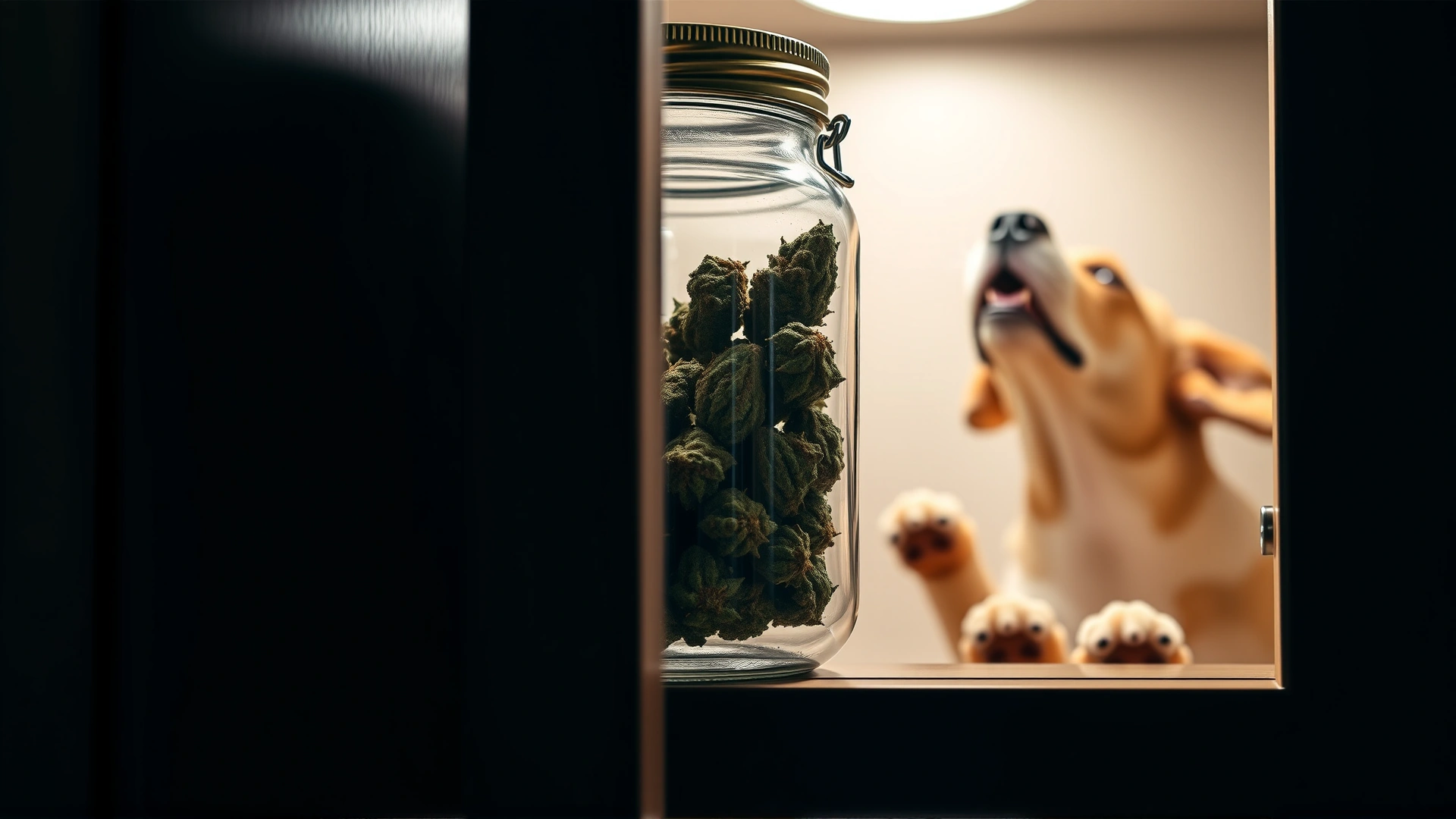 Glass jar with cannabis buds locked in a high cabinet, dog looking up unable to reach, bright lighting, no text.